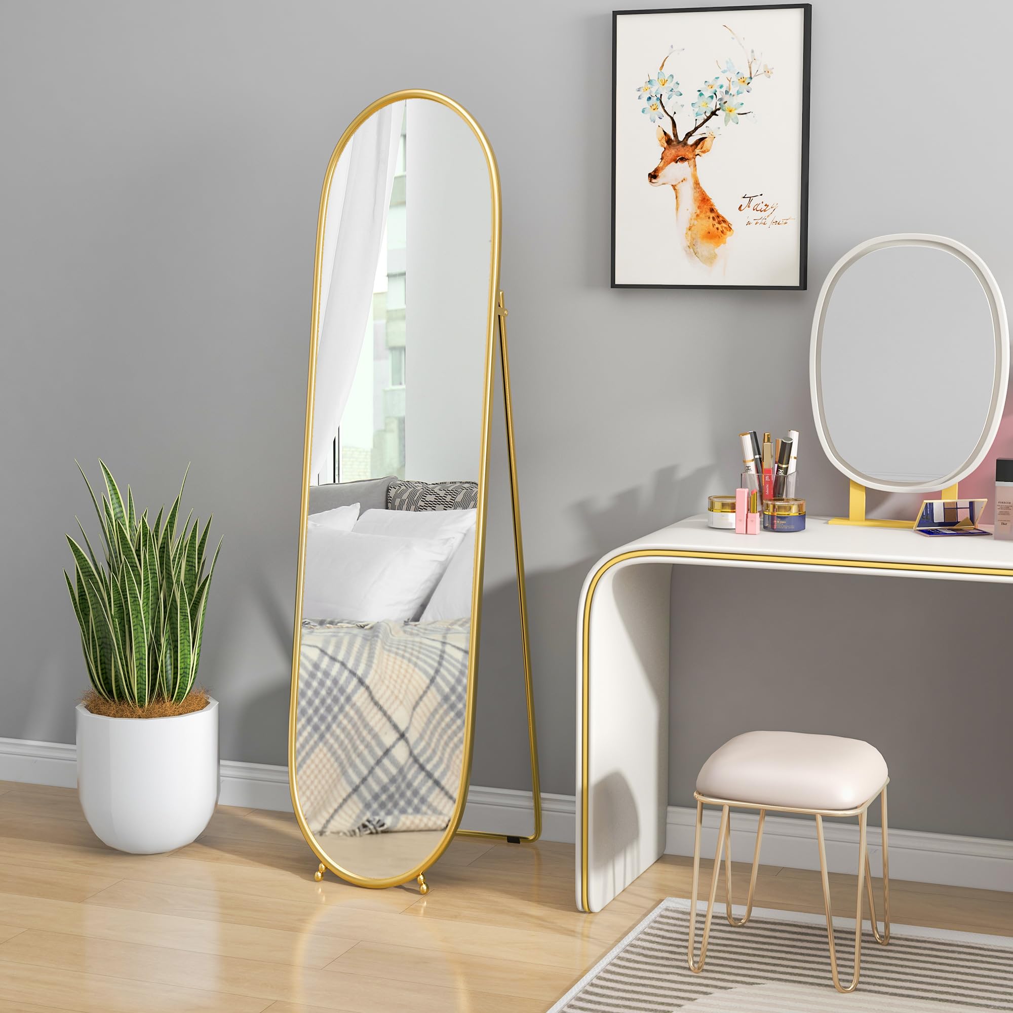 HOMCOM Grand Miroir sur Pied Ovale Cadre en métal doré 40 x 160 cm