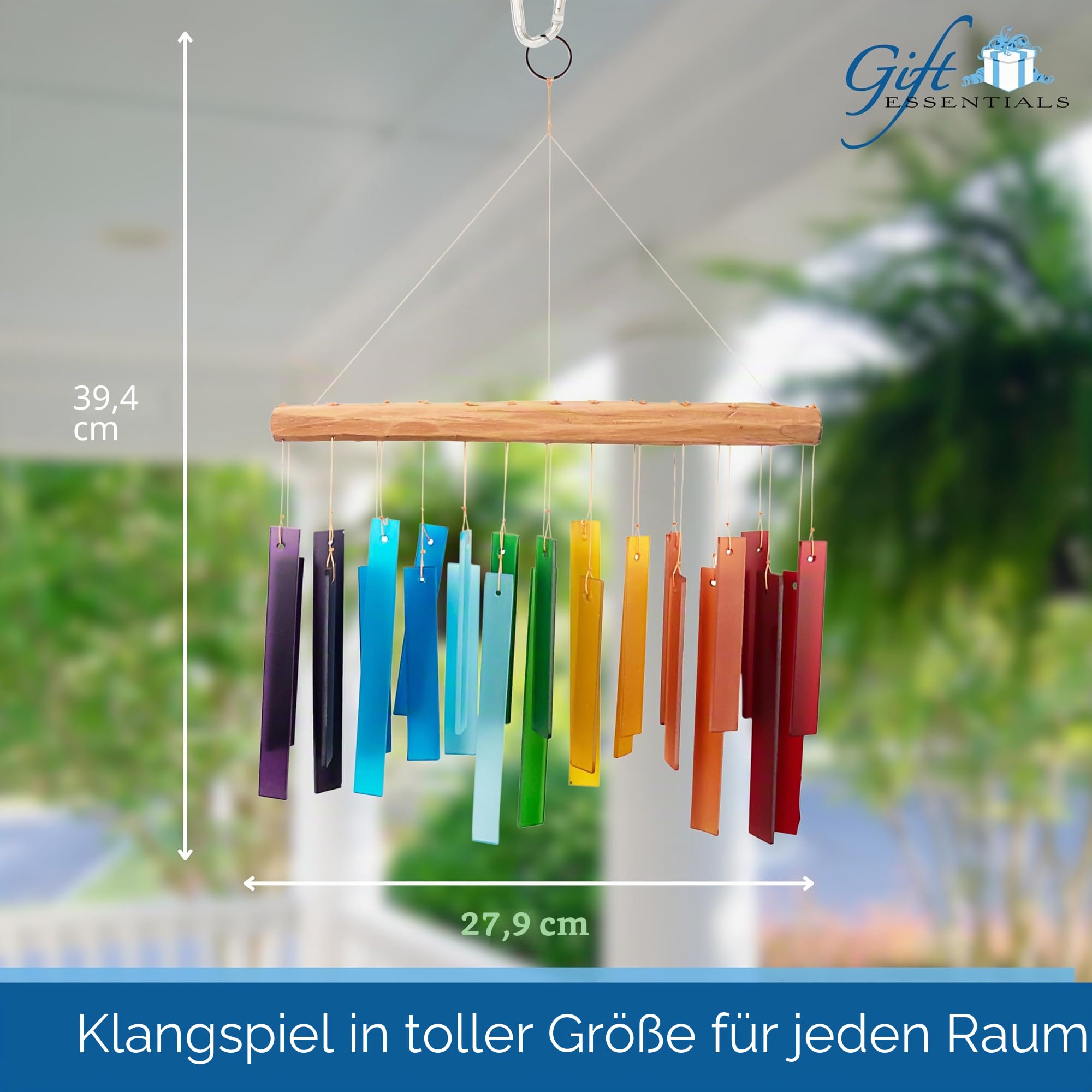 Blaues Handworks-Farbspektrum-Windspiel aus Glas und Treibholz, sandgestrahltes Glas und Fundholz, handgefertigt