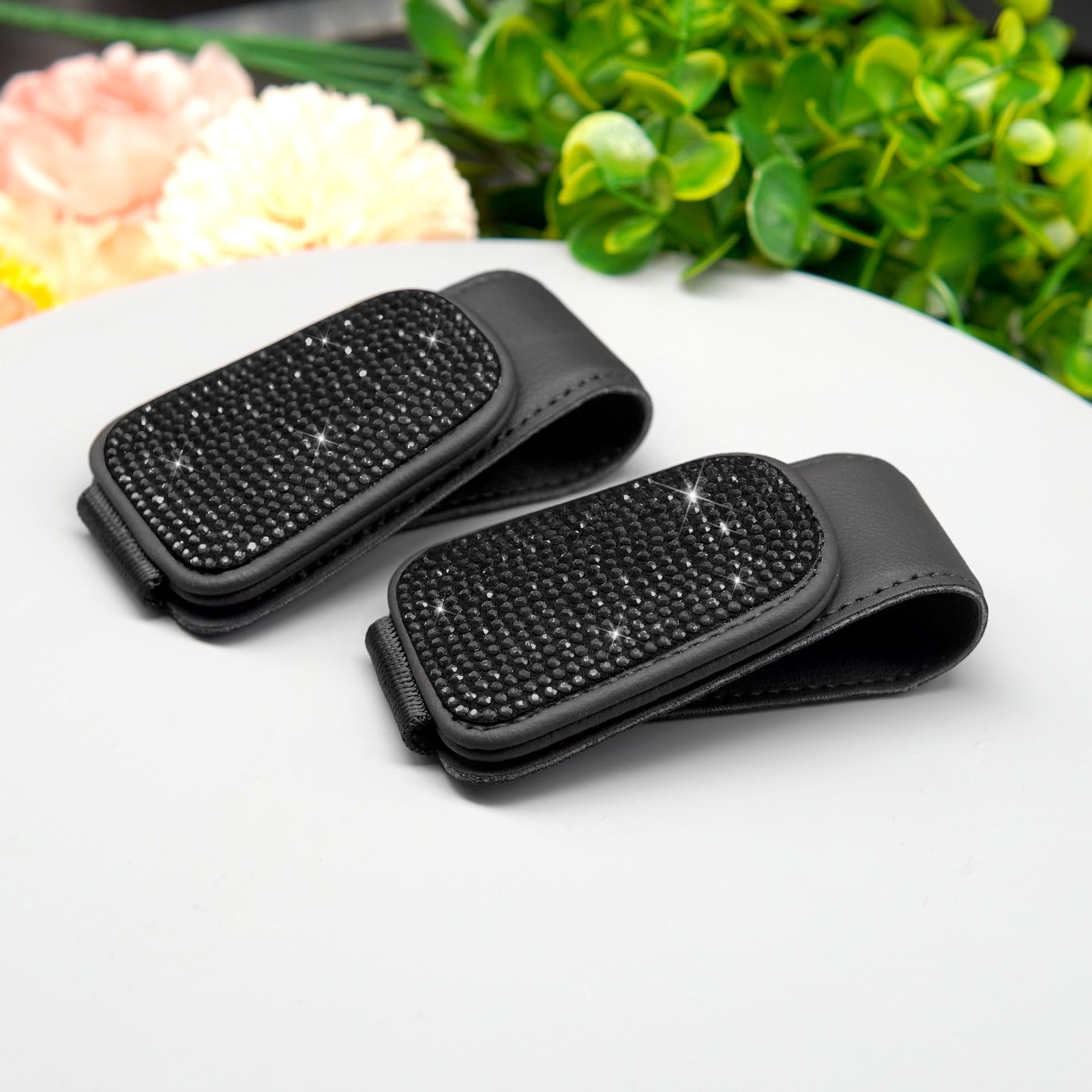 Bling Supporto Per Occhiali Da Sole Auto Con Cristalli - Fissaggio Magnetico Su Aletta Parasole - Pelle PU - Universale Per Auto, SUV, Camion - Nero - 3