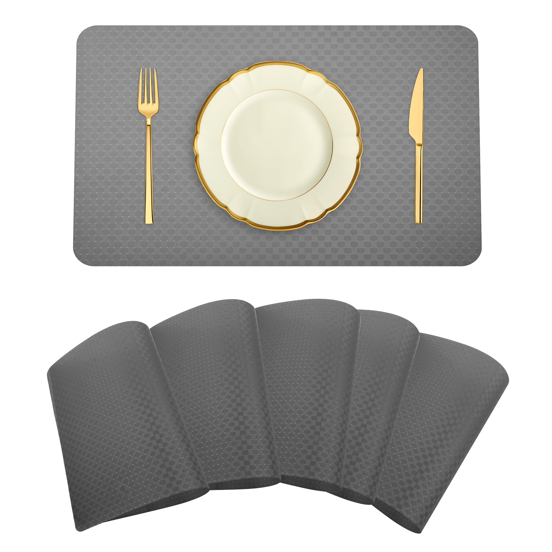 Kuber Industries Placemat | Placemats for Dining Room | Table Mat Set | Placemats for Kitchen Table | Dining Table Placemats | Check-Design Placemat | 6 Piece Set | Gray