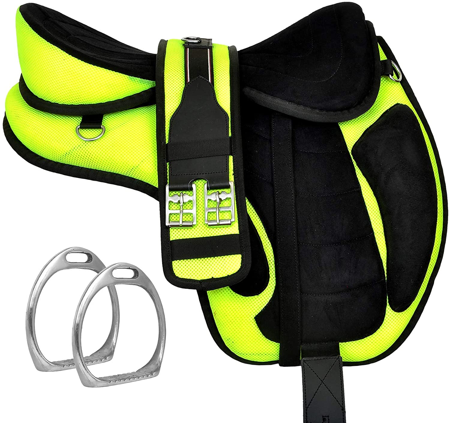 Synthetic Treeless Freemax English Horse Saddle with Matching Girth and Aluminum Stirrups Pair Set (Green, 15 Inches Seat)