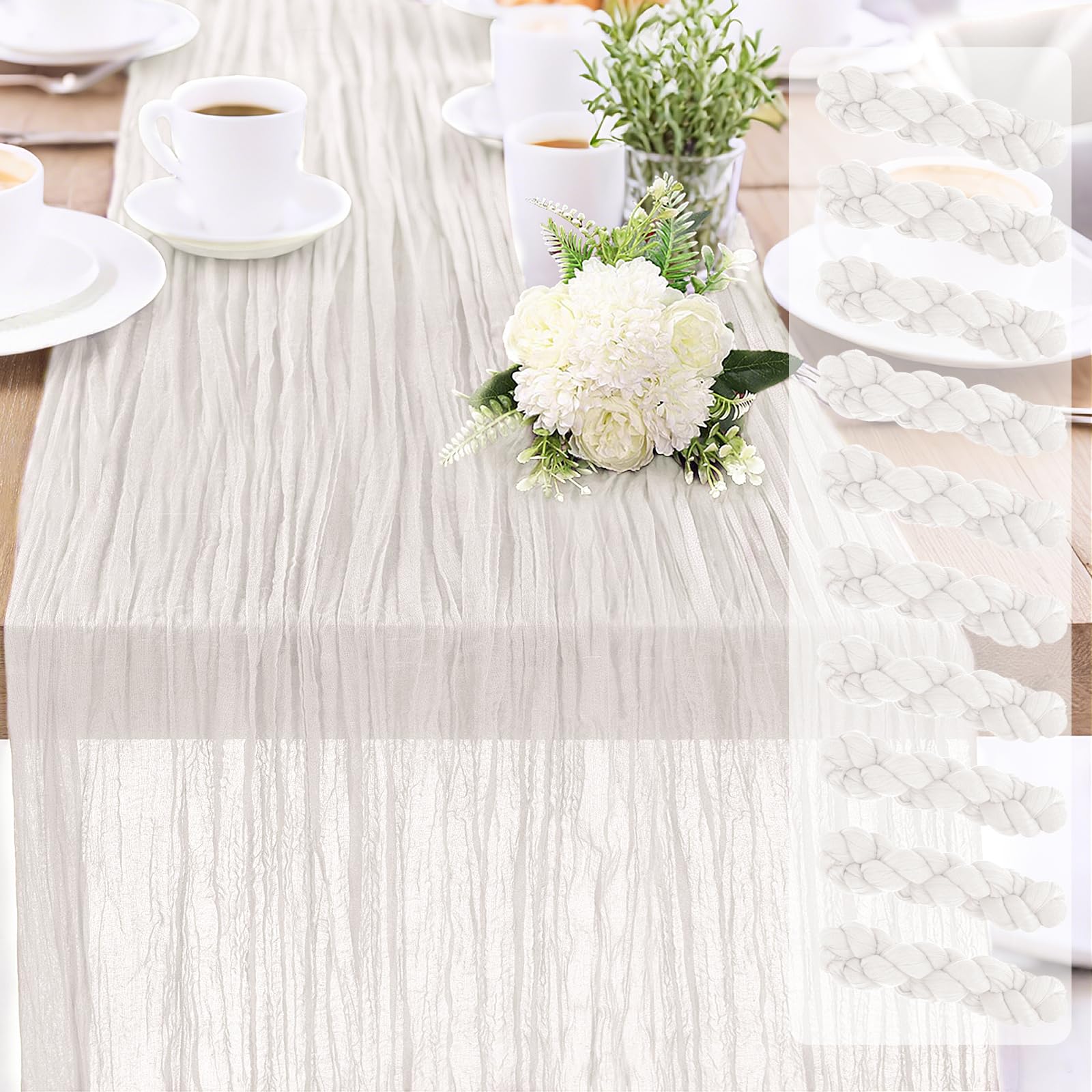 Lot de 10 chemins de table en étamine de style bohème rustique transparent pour mariage, fête prénuptiale, décoration de fête d'anniversaire, 3 m x 305 cm, blanc