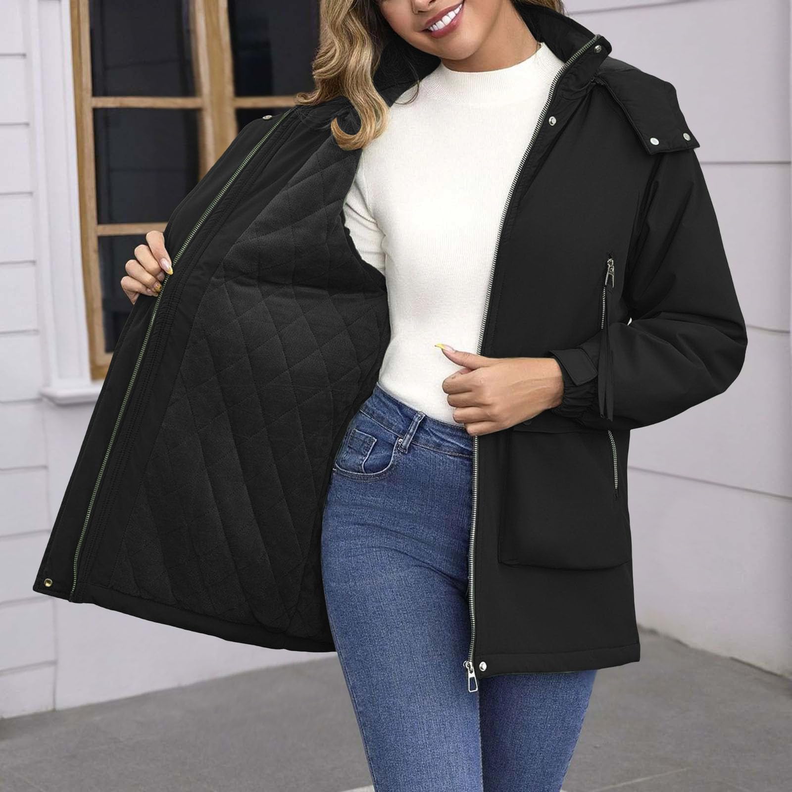 Giacca impermeabile 3 in 1 da donna con cappuccio foderata in pile