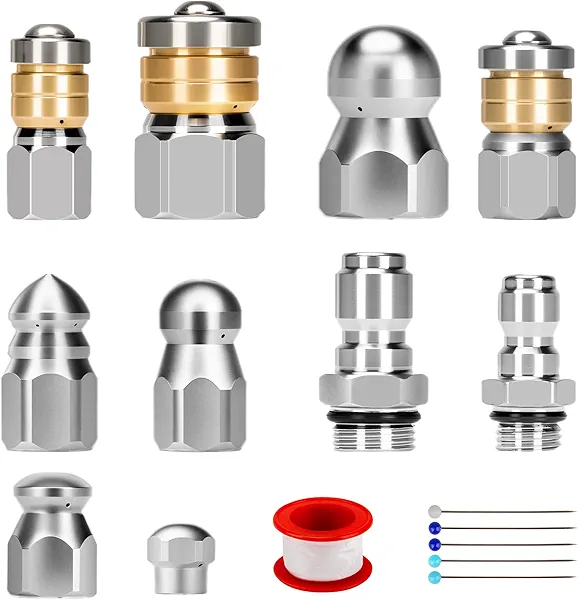 10pcs Sewer Jetter Nozzle Kit Stainless Steel Jetter Heads Kit for Pressure Washer, 1/4" & 3/8" NPT Quick Connectors Drain Cleaning Nozzle Tips with 5 Needles up to 5000 PSI