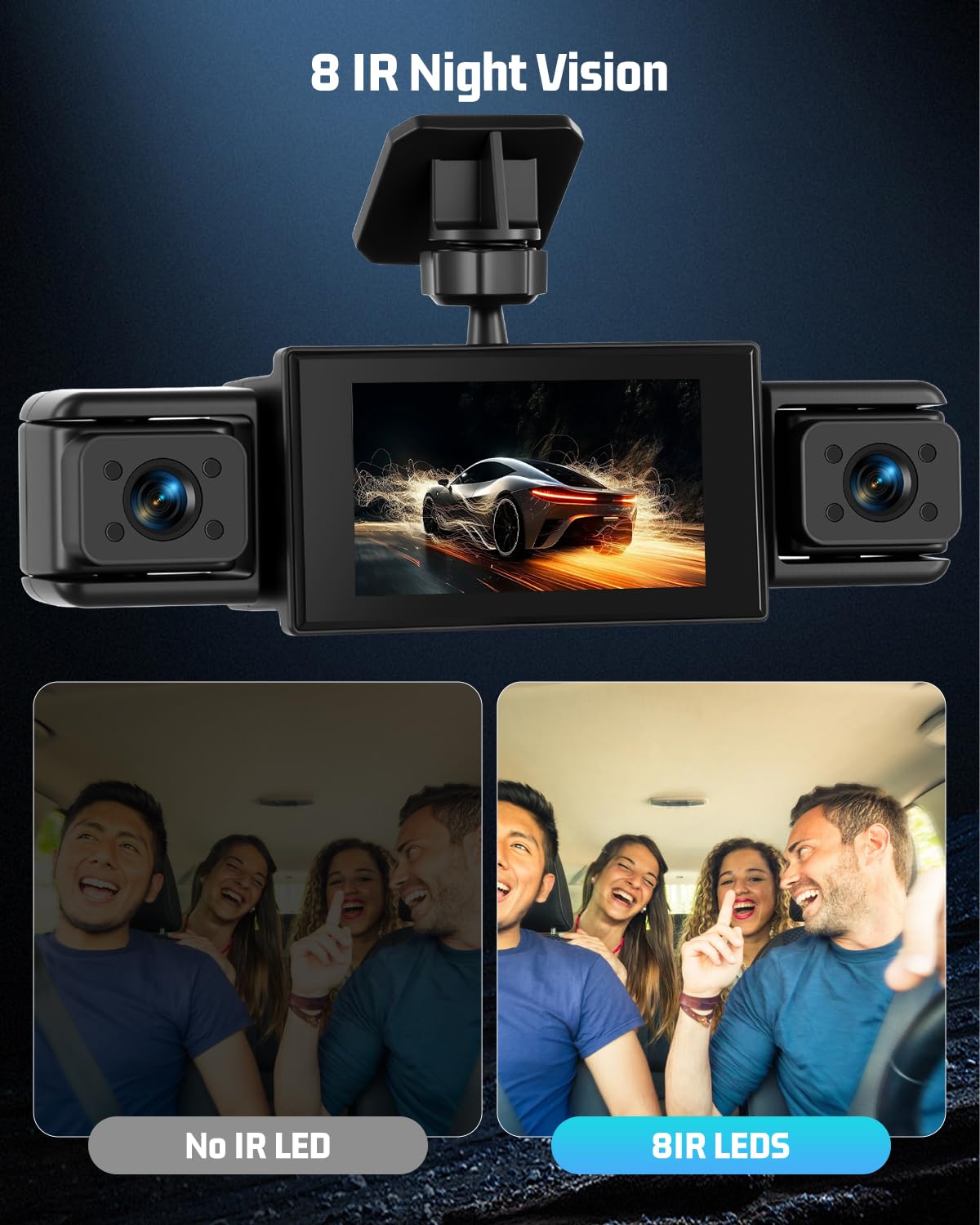 Cámara para salpicadero de 4 Canales y 1080p - cámaras Delantera, Izquierda, Derecha y Trasera, Pantalla de 3 Pulgadas, visión Nocturna por Infrarrojos, grabación en Bucle y detección de Movimiento