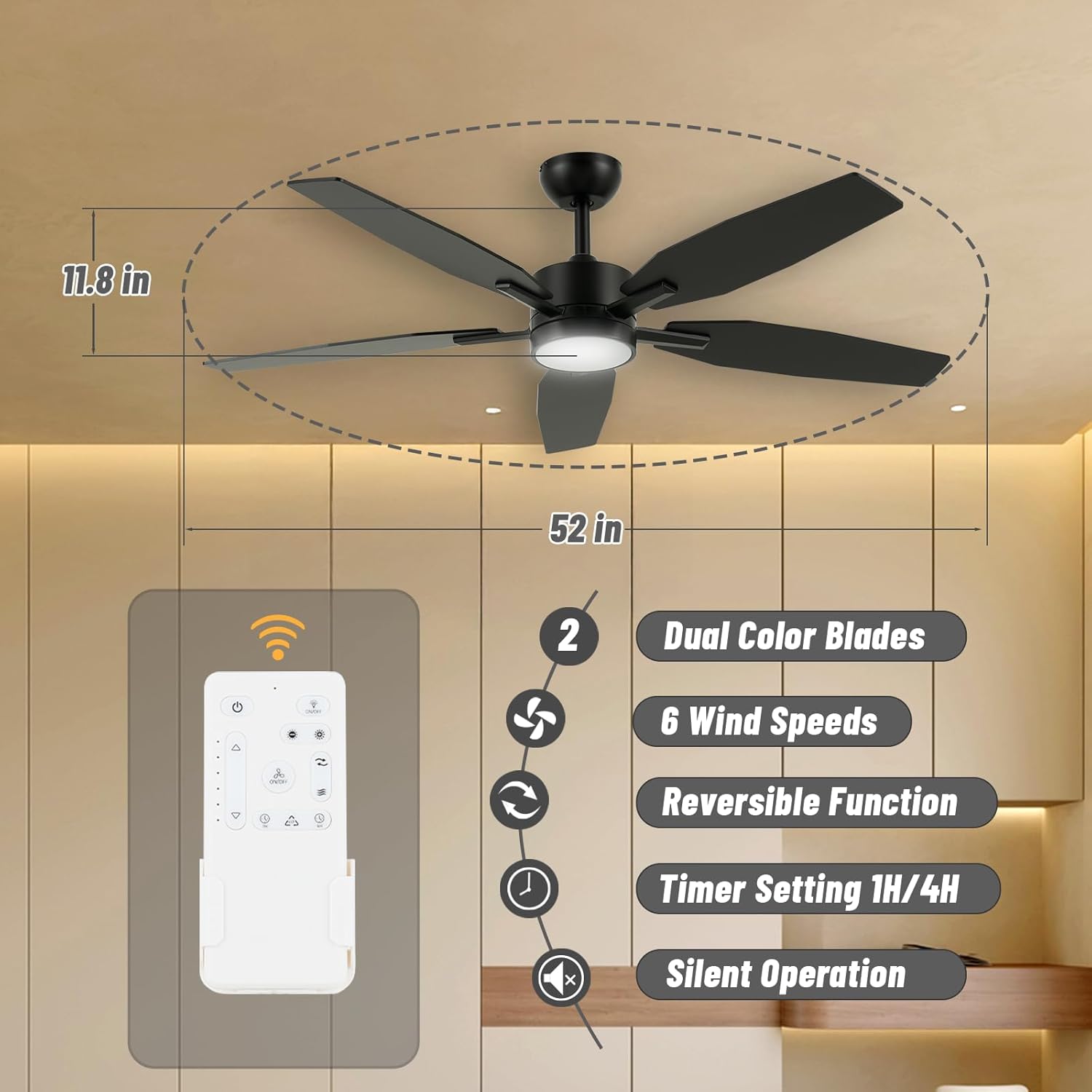 52" Ceiling Fan for Living Room - 5 Blades Modern Ceiling Fan with Light for Bedroom - Quiet DC Motor - 3CCT - 6 Speeds - Dimmable - Reversible Function - Black