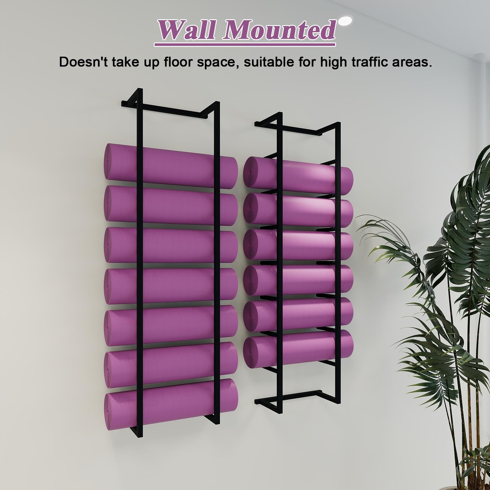 Soporte para Esterilla de Yoga, Resistente Soporte de Pared Negro para Esterilla de Yoga, Estante de Almacenamiento de 7 Niveles para Rodillos de Espuma y esterillas de Ejercicio, Ideal para