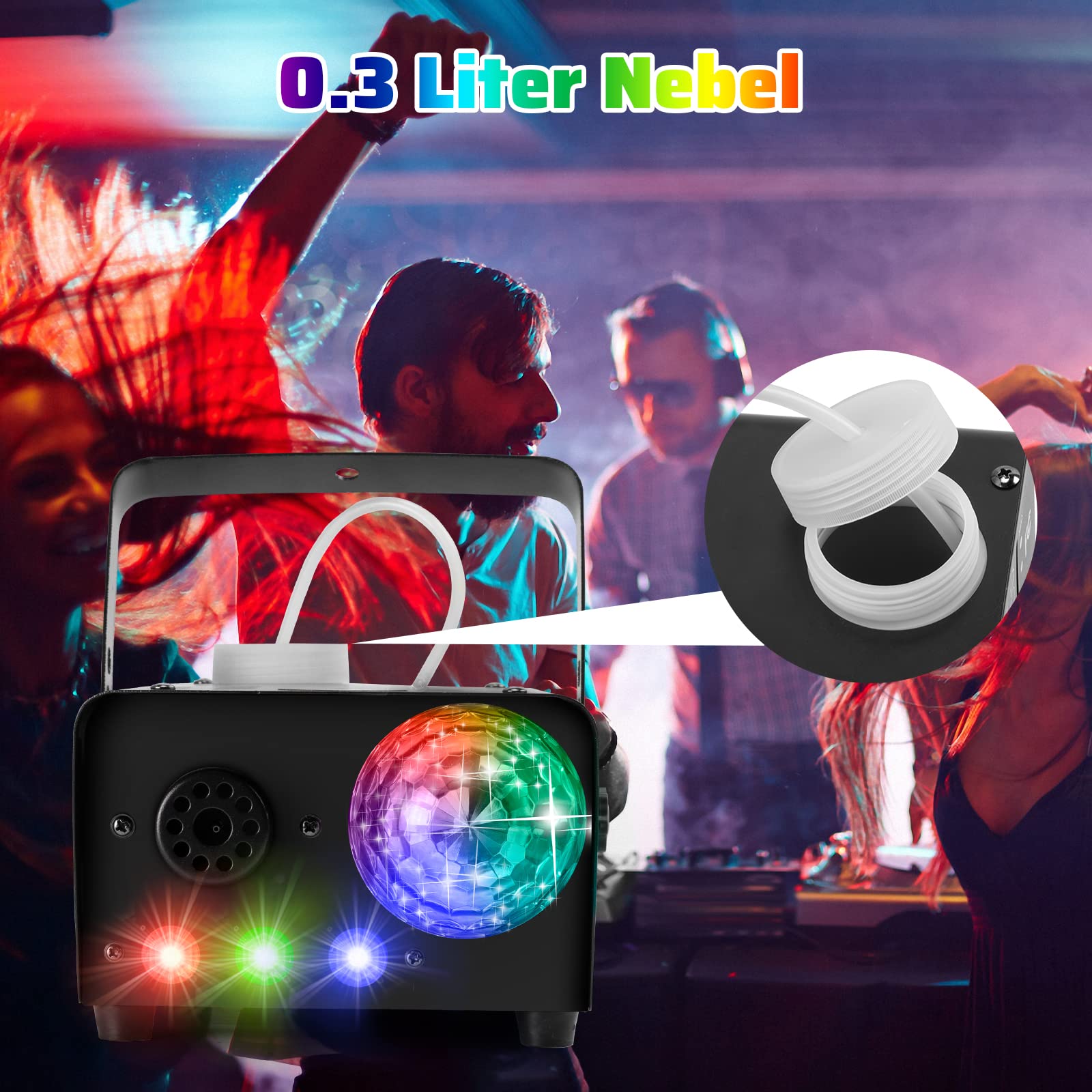 800W Nebelmaschine mit Discokugel, 3 LED RGB Effekt Licht Smoke Machine,Mini Fog Rauchmaschine mit kabelgebundenen und Funkfernbedienungen für DJ Disco Party,Halloween,Hochzeiten Weihnachten
