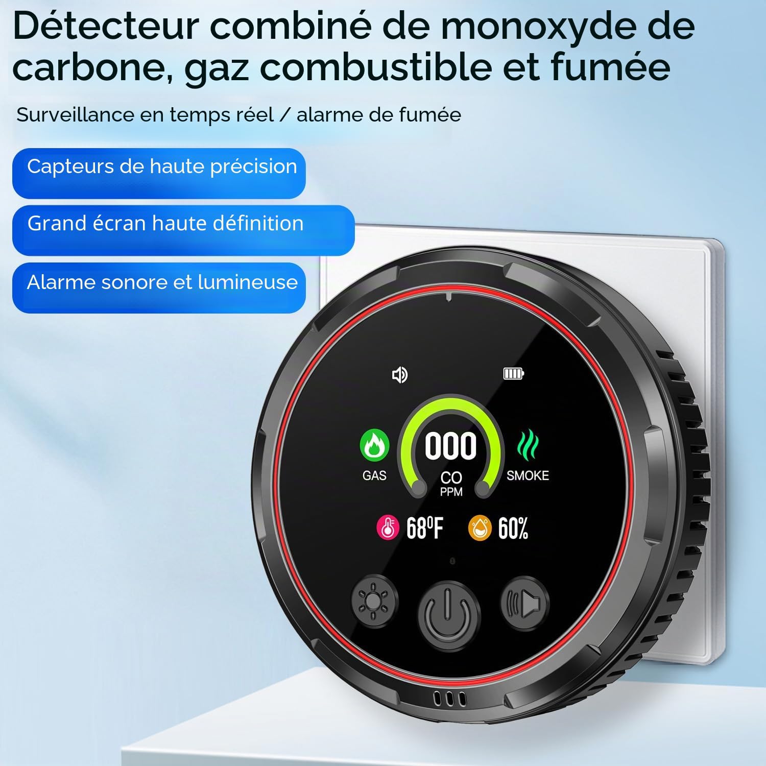 5IN1 Détecteur de fumée et de monoxyde de Carbone à Broche et Combinaison de gaz Naturel Combustible, Batterie de Secours, Capteur de température et d'humidité pour la Maison hôtel RV HD13 (2, Black)