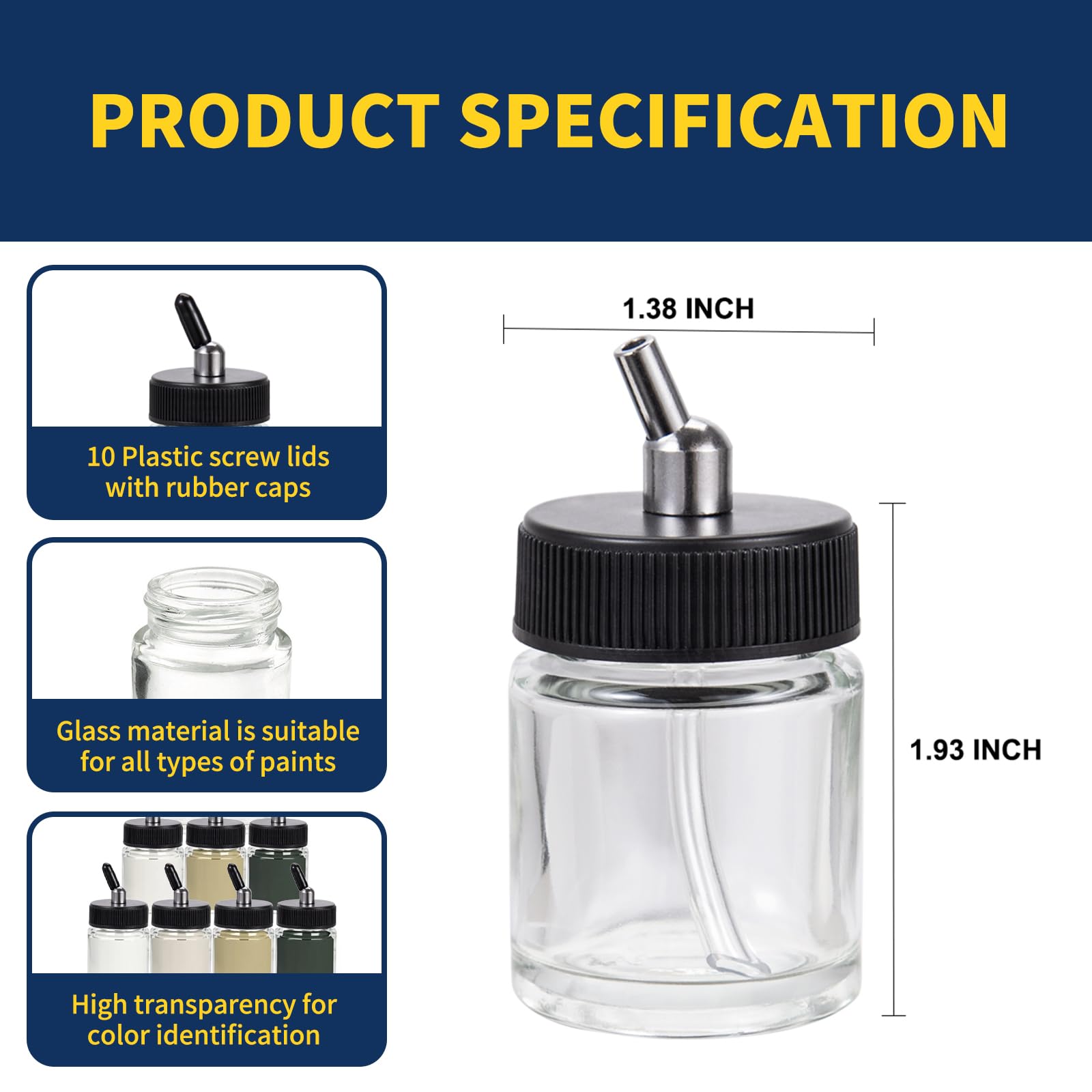 OPHIR 10x Airbrush Bottles, 22CC Glass Dual Action Air Brush Paint Bottles, Transparent Model Paint Storage Jars Lid Adapter with Rubber Caps, for Siphon Feed Airbrush Gun - Image 3