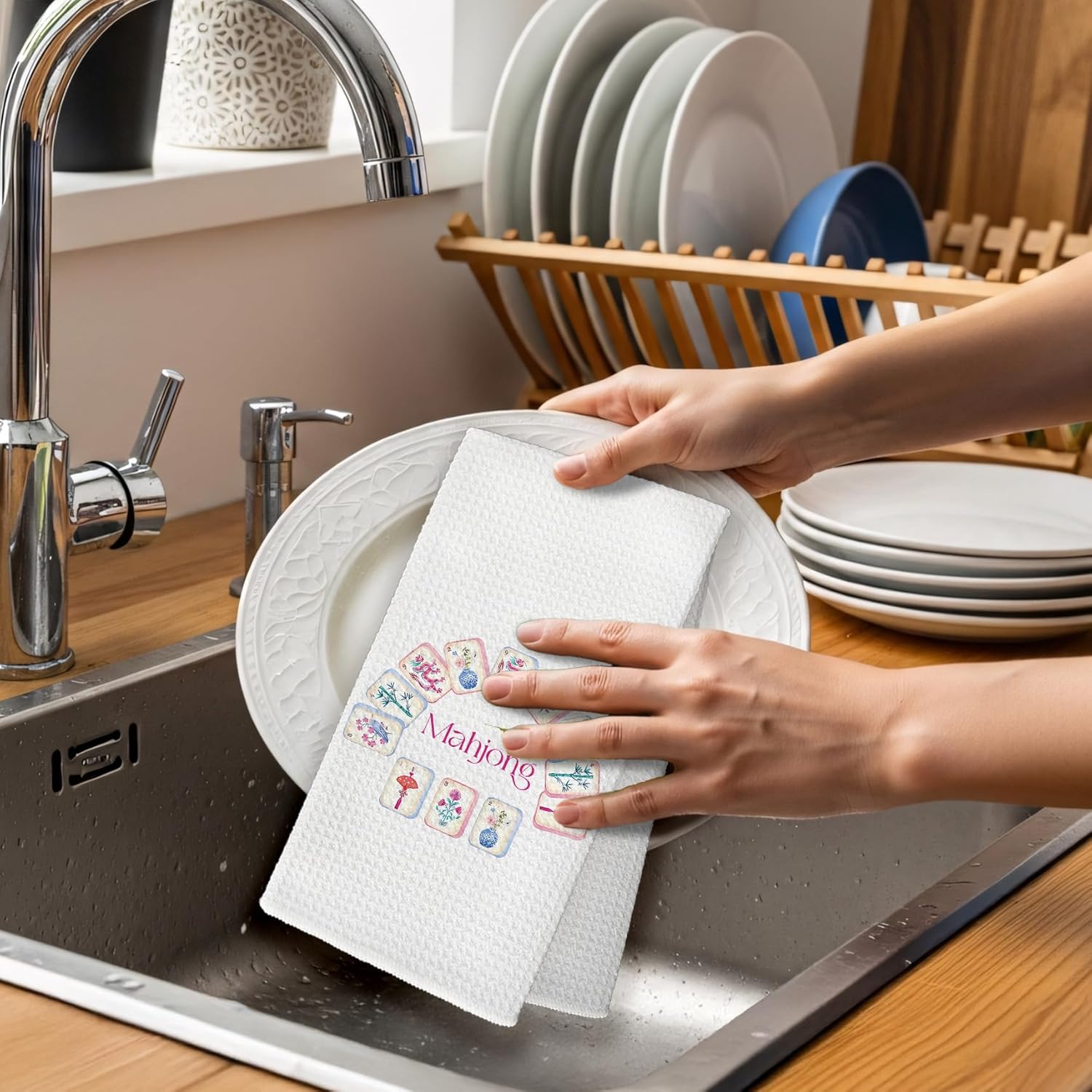 Mahjong Gifts Kitchen Towels, Preppy Trendy Mahjong Decor Hand Towel, Mah Jong Accessories Decorative Tea Dish Towels for Kitchen, Gifts for Mah Jong Lovers Bathroom Decor, 16x24in - Image 4