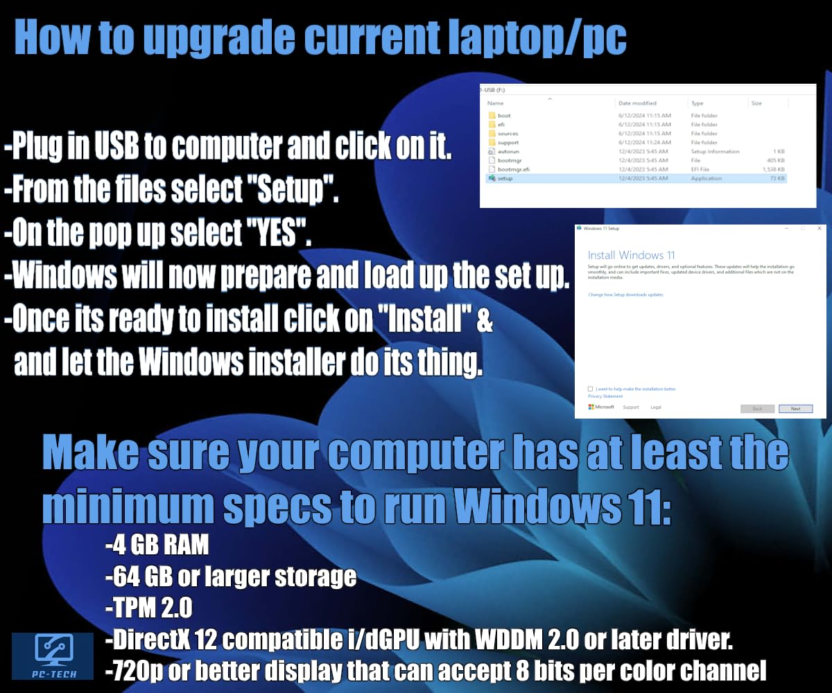 TECH USB Compatible with Windows 11 professional 64 Bit USB With Key. Factory Fresh, Recover, Repair and Restore. Key Included and USB Install. Fix Desktop & Laptop. Free 24/7 Technical Support.