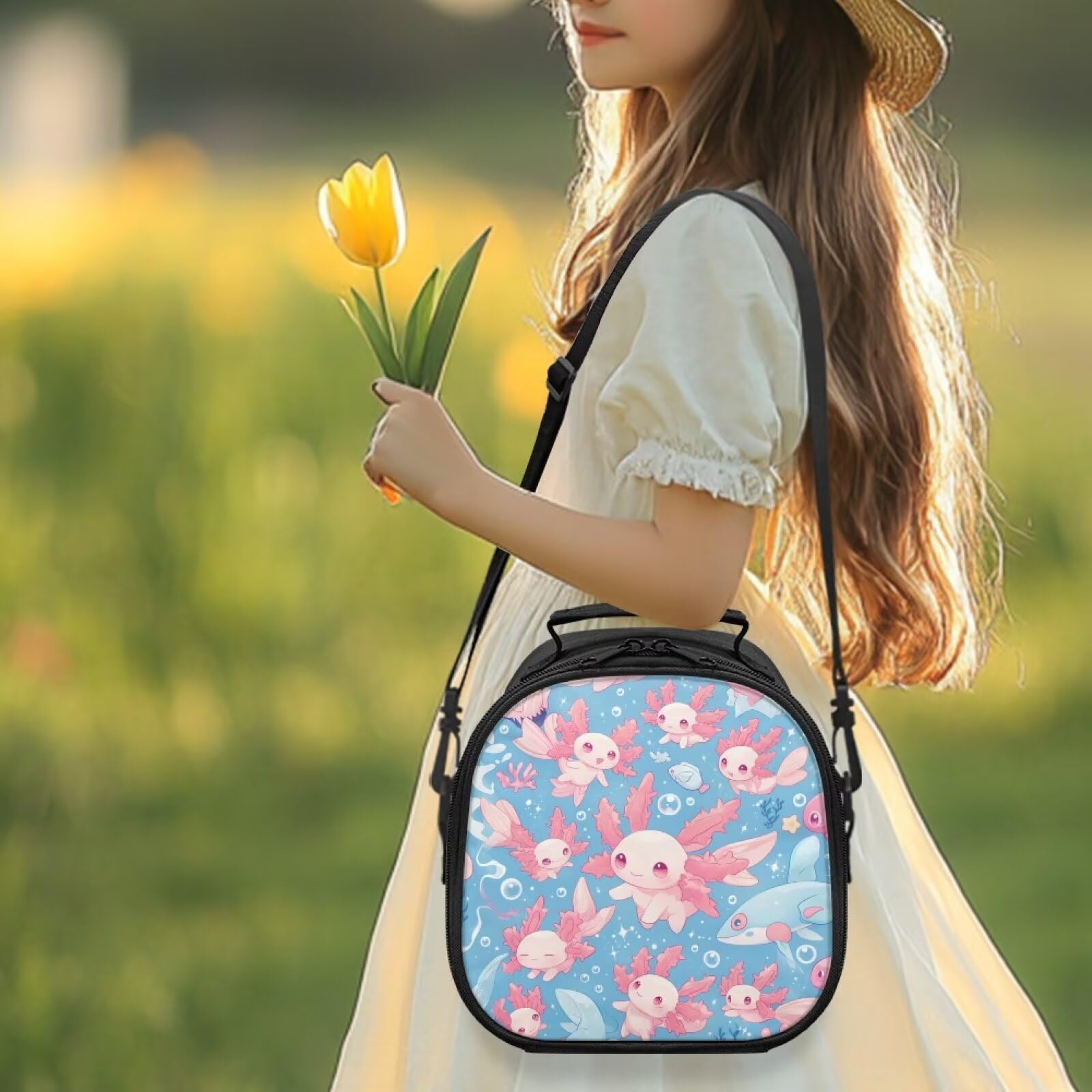ZDCUSTOM Small Crossbody Lunch Bag for Girls Age 4-6 Cartoon Axolotl Cute Print Kids Insulated Lunch Tote Bag Food Snack Container Lunchbox