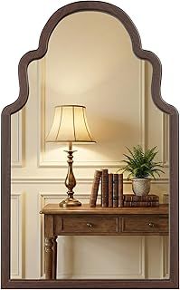 Pocetry 40"x24" Walnut Arched Mirror, Solid Wood Frame for Vanity, Mid Century Modern Decor for Living Room & Bedroom, Rustic Dark Brown Wooden Mirror for Wall, Boho Style