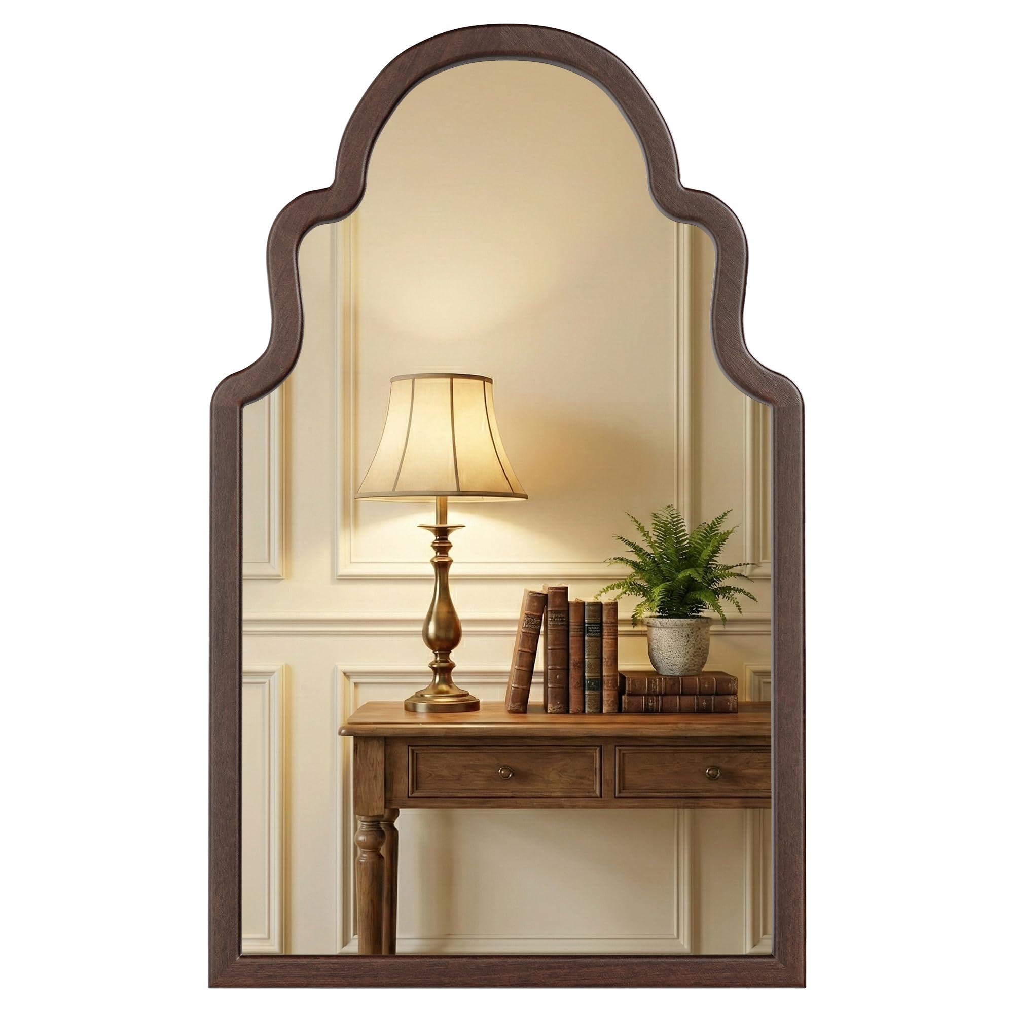 Pocetry 40"x24" Walnut Arched Mirror, Solid Wood Frame for Vanity, Mid Century Modern Decor for Living Room & Bedroom, Rustic Dark Brown Wooden Mirror