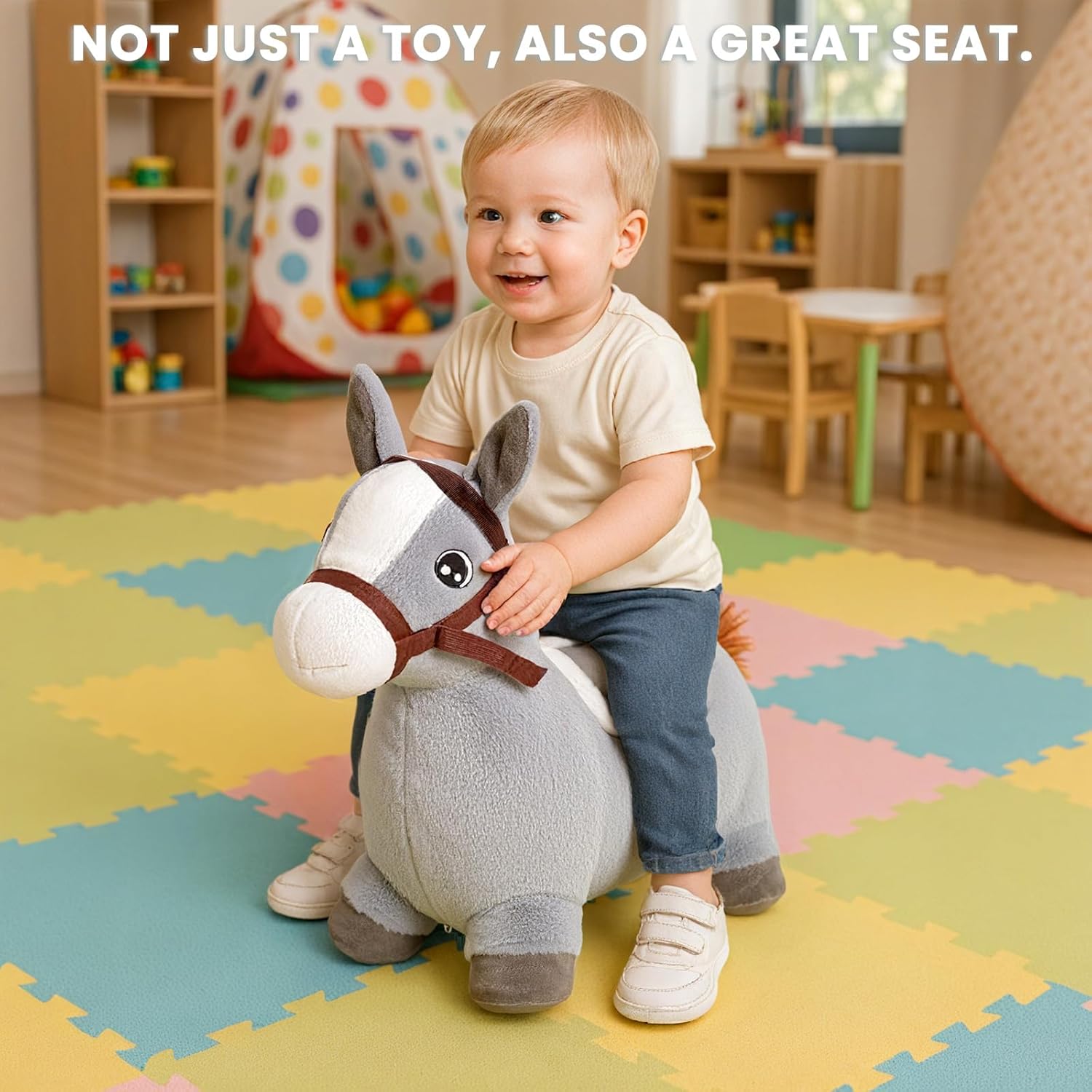 Hopper Toy 2 Year Old Boy, Toddler Plush Bounce Animals, Ride on Bouncing Plush Inflatable Horse, Outdoor Indoor Hopping Horse Bouncer, Birthday Gifts for 18m -5 Years Old Kid (Gray)
