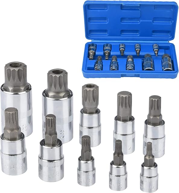 oumuik 10Pcs Spline Socket Set M4 - M18 Torx Bit Set - Triple Square Socket Set with Storage Case