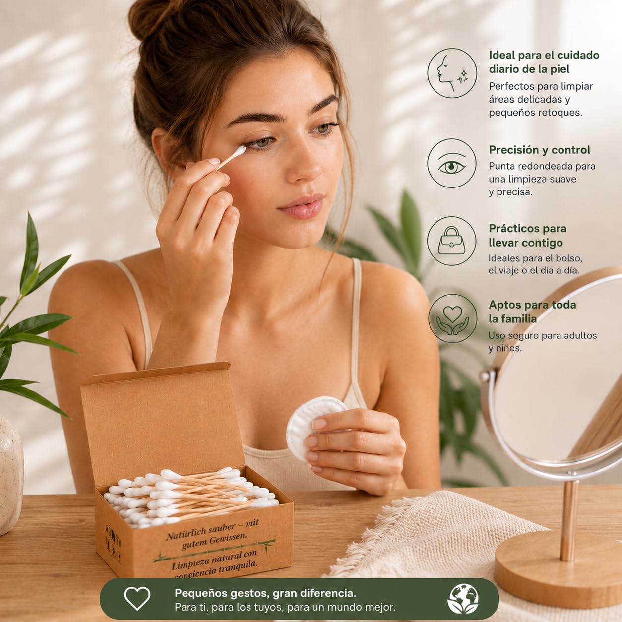 Bastoncillos oidos de bambú y algodón 6 x 200 uds (1200) | Biodegradables, sin plástico, ideales para maquillaje, bebés y limpieza diaria | Caja con apertura práctica e higiénica | Extendio