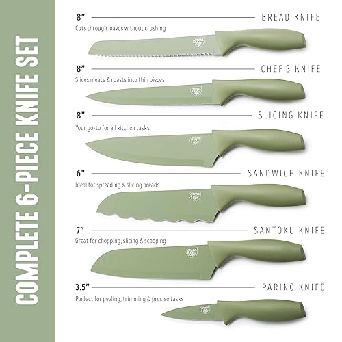 Miniatura 2 de GreenLife Juego de cuchillos de cocina de 6 piezas, revestimiento antiadherente resistente al óxido, cuchillos de acero inoxidable de alto carbono,