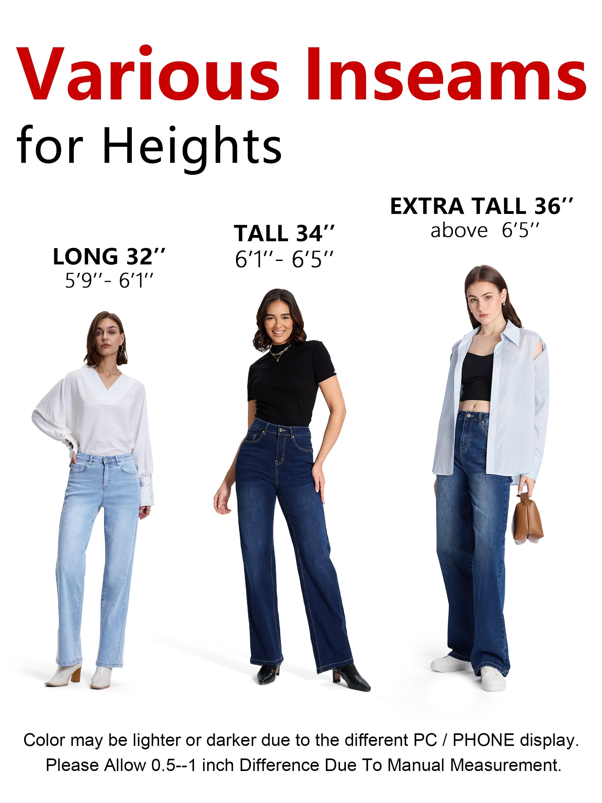 SEVEGO Pantalones de mezclilla holgados de pierna recta para mujer, de 32, 34 y 36 pulgadas de alto, cintura media, elásticos, holgados