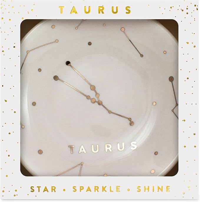 Lucky Feather Zodiac Ring Dish for Women – Glazed Ceramic Jewelry Tray with Astrological Constellation Depicted in Opulent Metallic Gold - Taurus