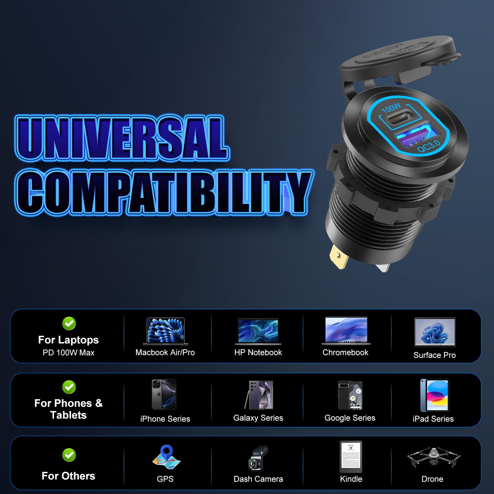 Presa USB C 12V 100W PD QC3.0 18W Lega di alluminio per auto