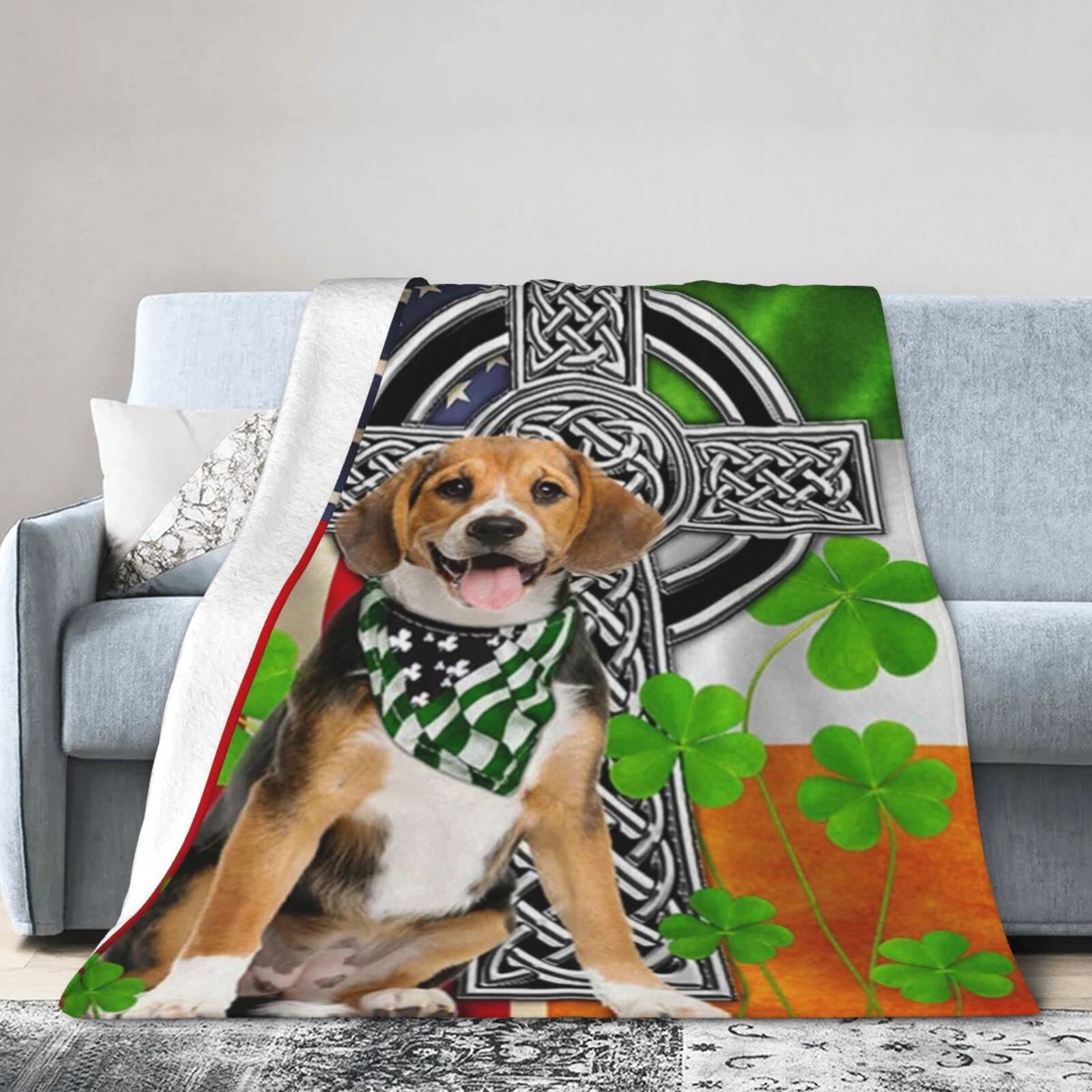 Lsjuee Flannel Fleece Blanket 80"X60" American Irish Beagle Irish Cross Shamrock Bed Throw Blanket Quality Ultra-Soft Travel Spring Blankets for Boys Keep Warm
