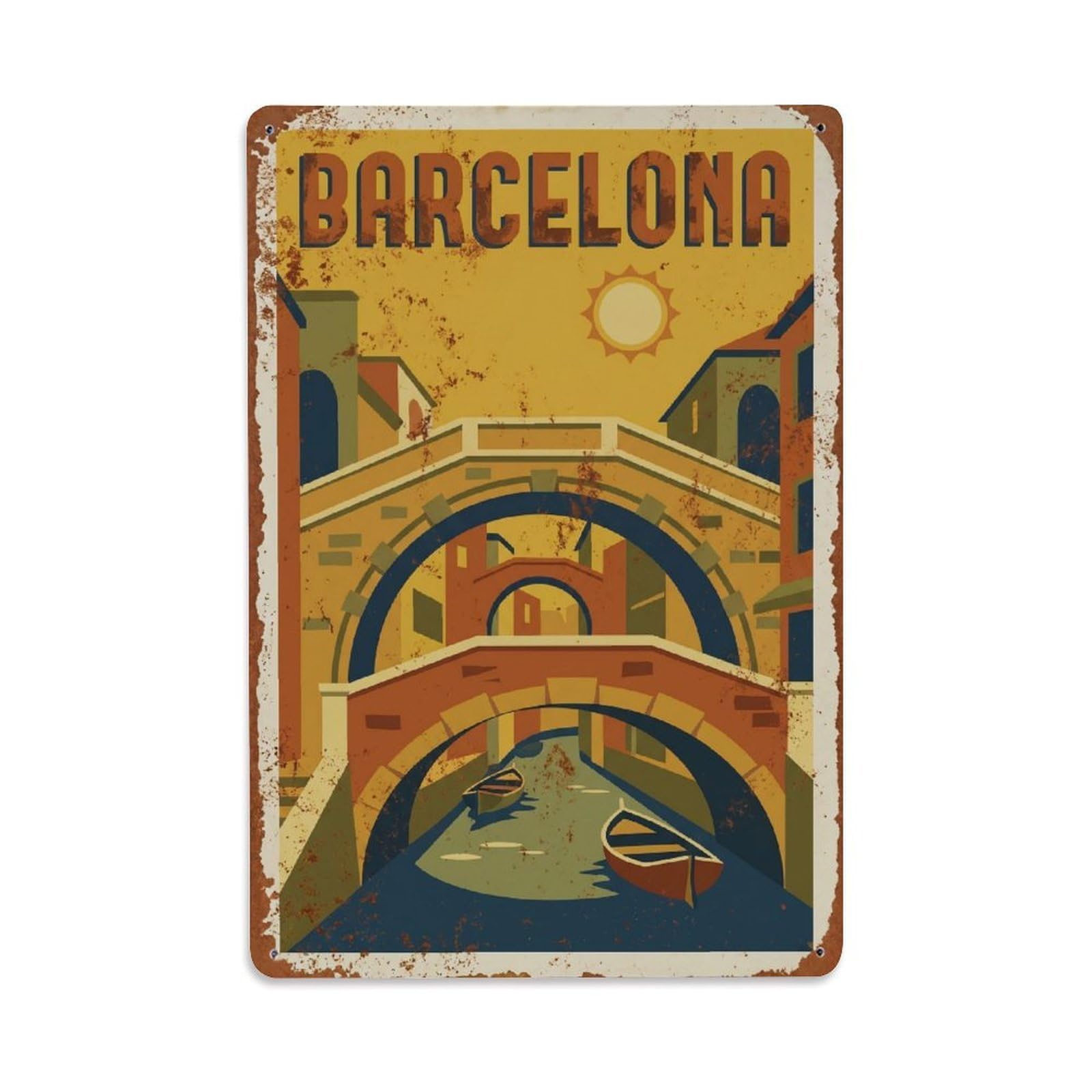 Okngb Style Mediterranean Arches Harbor Barcelona Vintage Tourism Metal Tin Sign Plaque Wall Decor For Cafe, Man Cave, Club Bar, Office, Home Garden Round Metal Poster 8X12inch