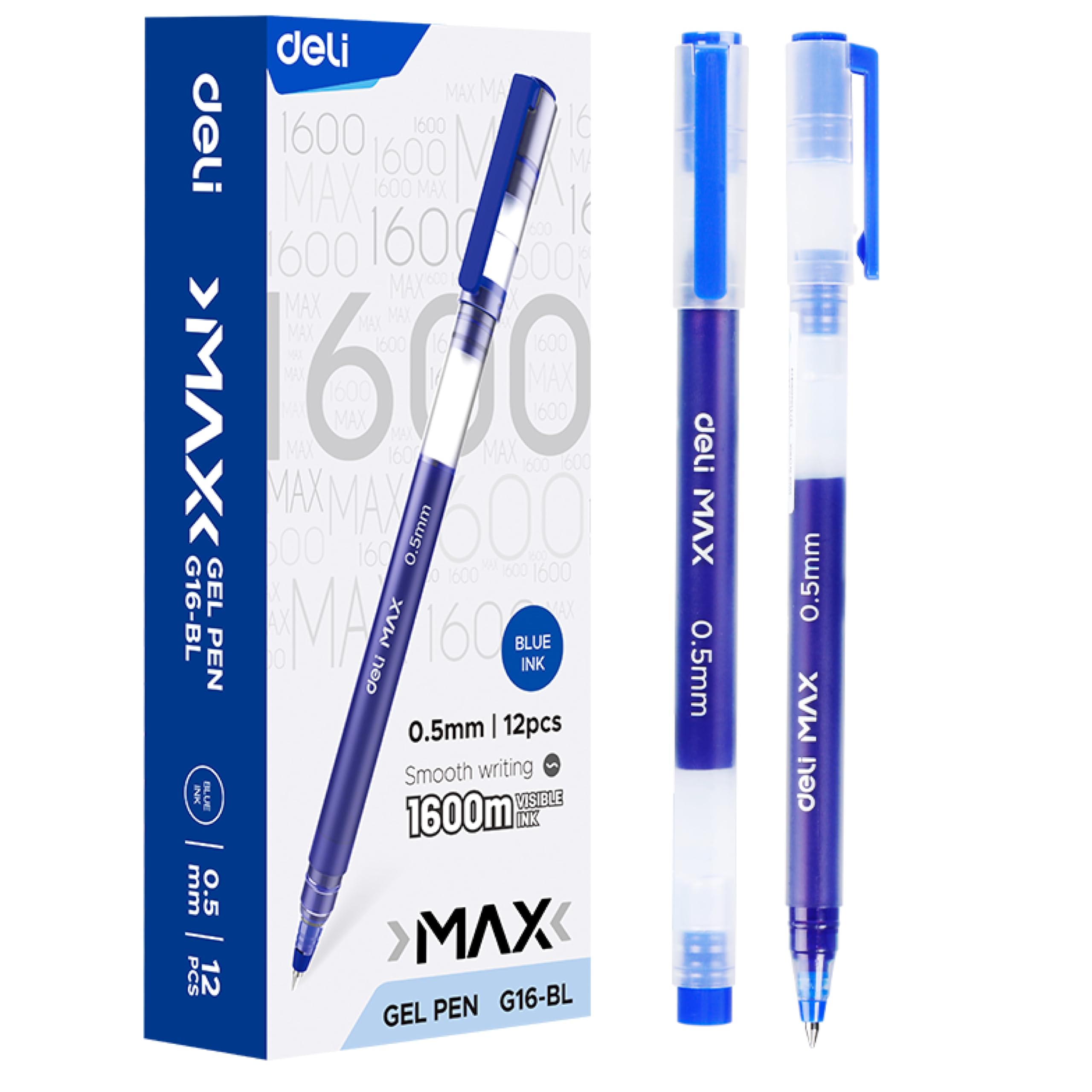 deli Personal Gel Pen Blue - Smooth Writing 0.5mm Gel Pens for School, Office, Journaling & Exams - Pack of 12 Blue Ink Pens