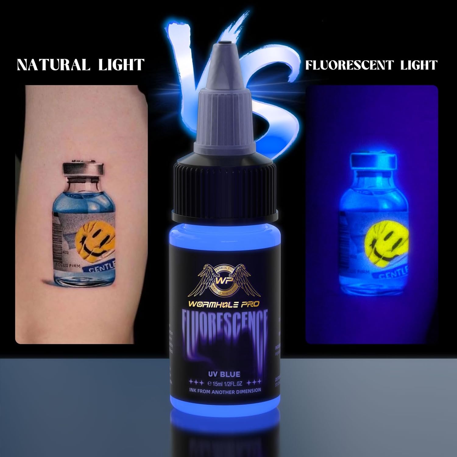 WORMHOLEPRO Tattoo Ink, 1/2oz (15ml) UV Tattoo Ink Set Long Lasting Color Tattoo Supply Ink with UV Light -Yellow, Blue, Red, Green, Magenta