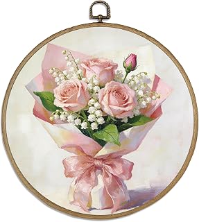 DELORIGIN Rosa Rosen Wand Kunst Dekor 10zoll Rund Rahmen Leinwand Wand Kunst Drucke mit Haken Schleifen Blumen Strauß Kunstwerk Hängende Blumige Rahmen Bilder für Flur Treppen Schlafzimmer Wohnzimmer