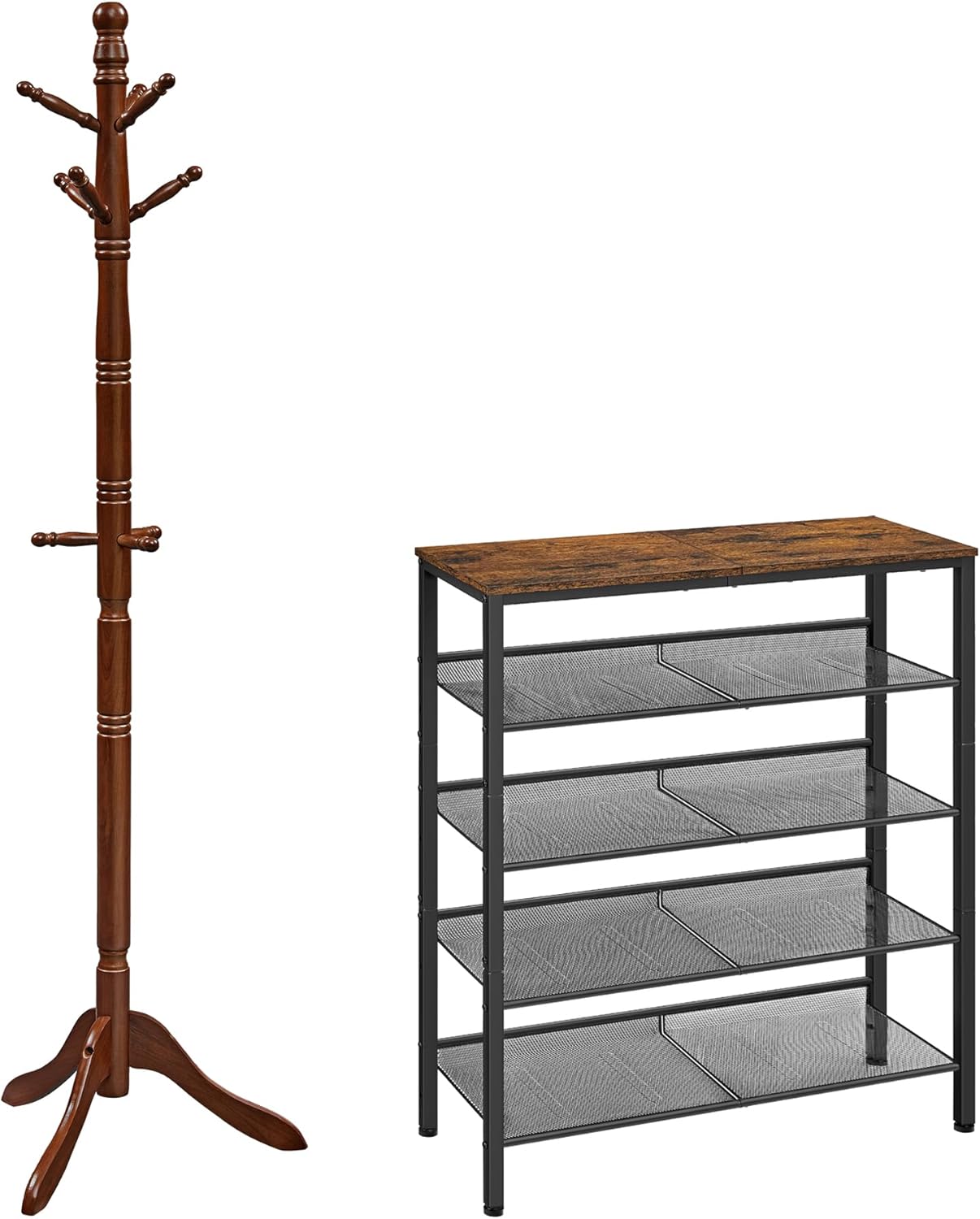 VASAGLE Shoe Rack Bundle with Coat Stand, 5-Tier Shoe Storage Shelves, Coat Tree with 10 Hooks for Hats, Bags, for Entryway, Hallway, Rustic Brown, Black and Dark Walnut ULBS038B01 and URCR03WN