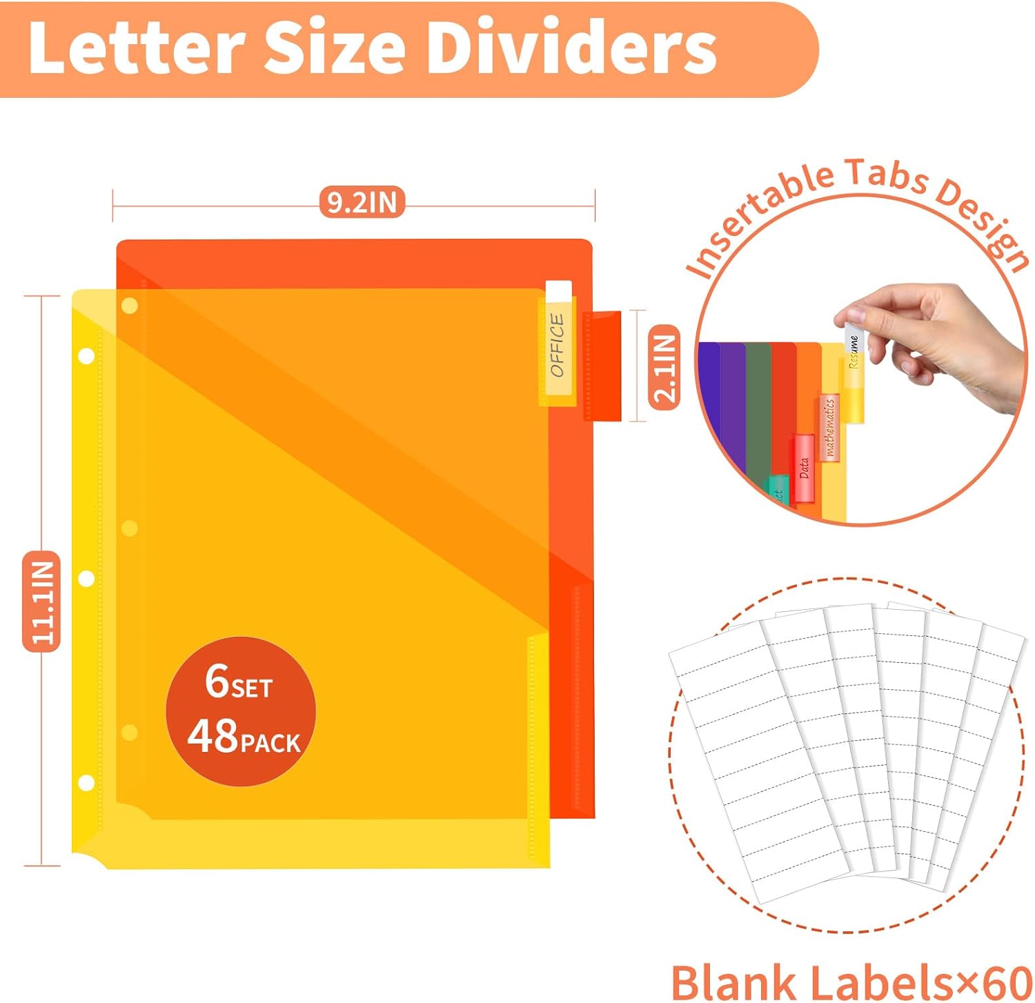 Binditek Plastic 8-Tab Binder Dividers with 2 Pockets, 6 Set 48 Pack, Pocket Dividers, for 3 Ring Binders, Letter Size, Includes Writable Labels, Assorted Colors