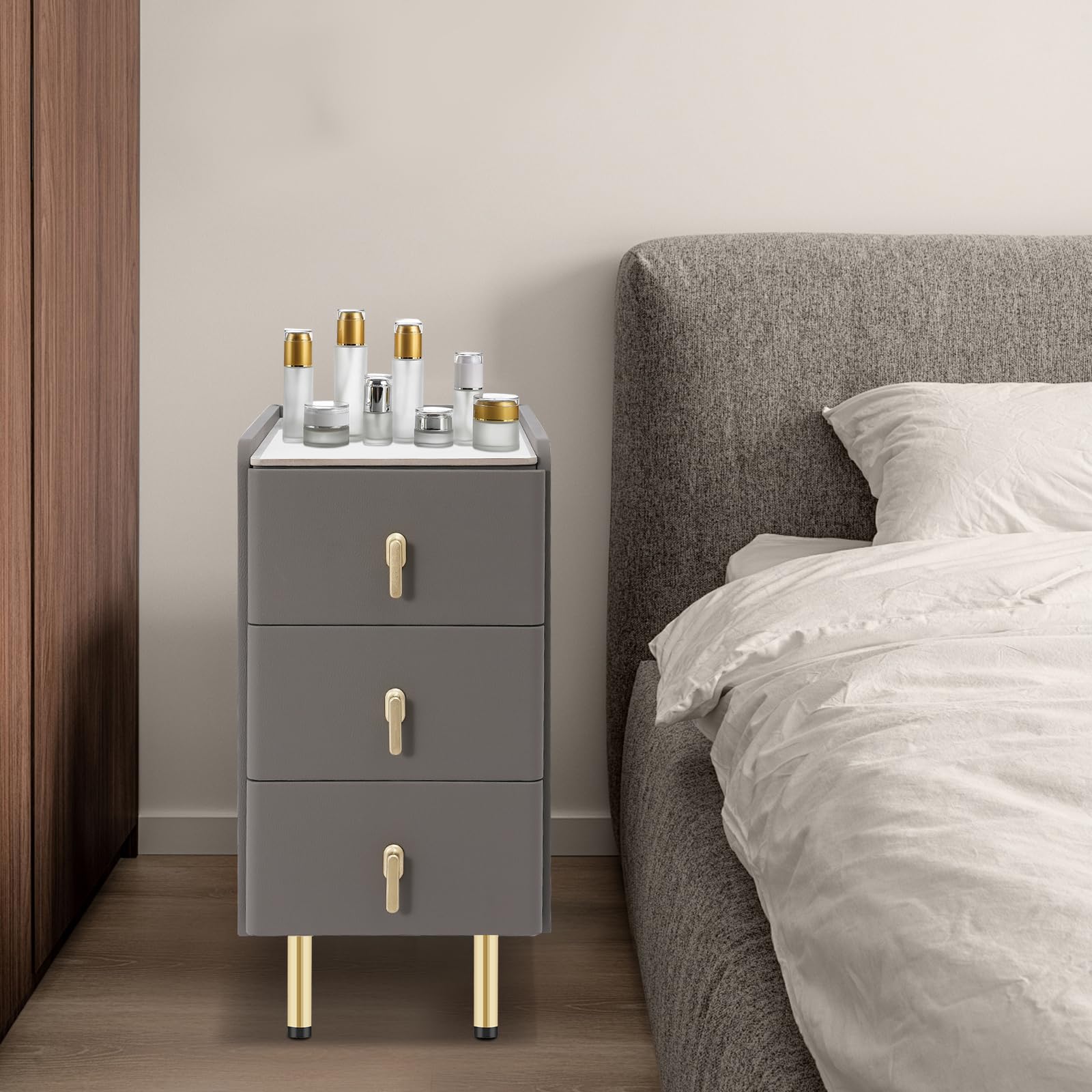 SuiYuLn Narrow Nightstand with 3 Drawers,Bedside Cabinet with Adjustable Feet,Small Bedside Tables for Bedroom,Living Room,Office (Dark Grey)