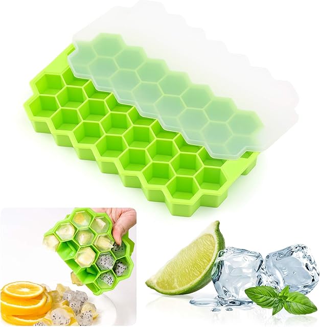 Ice Cube Trays, 37 Cubes Ice Trays Silicone Flexible Ice Cube Trays with Lid for Chilled Drinks, Whiskey & Cocktails , Food Grade Safe Ice Cube Trays