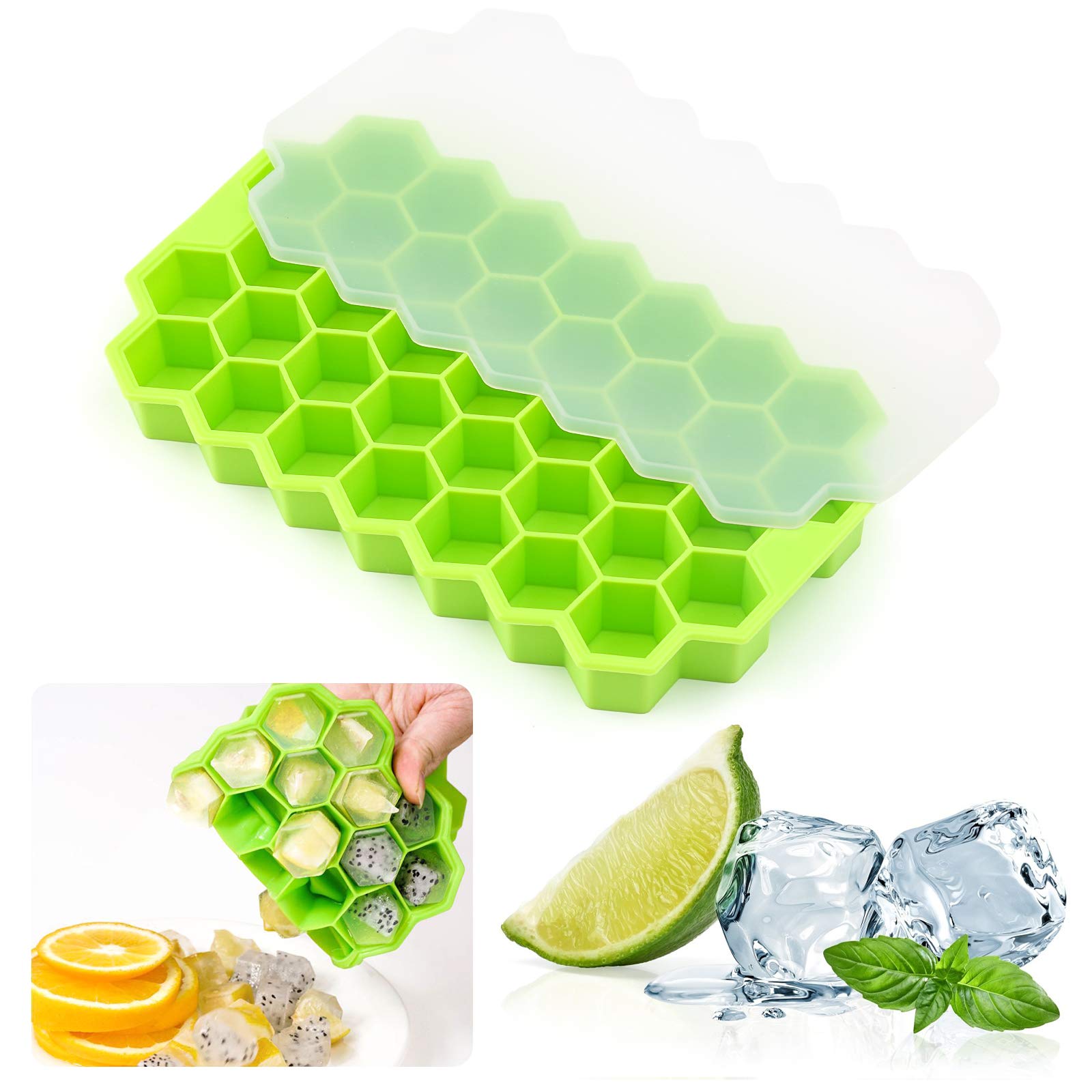 Ice Cube Trays with Lids 37 Cubicle Food Grade Ice Freezer Silicone Ice Cube Maker to Frozen Drinks for Chilled Drinks, Whiskey & Cocktails (Green)