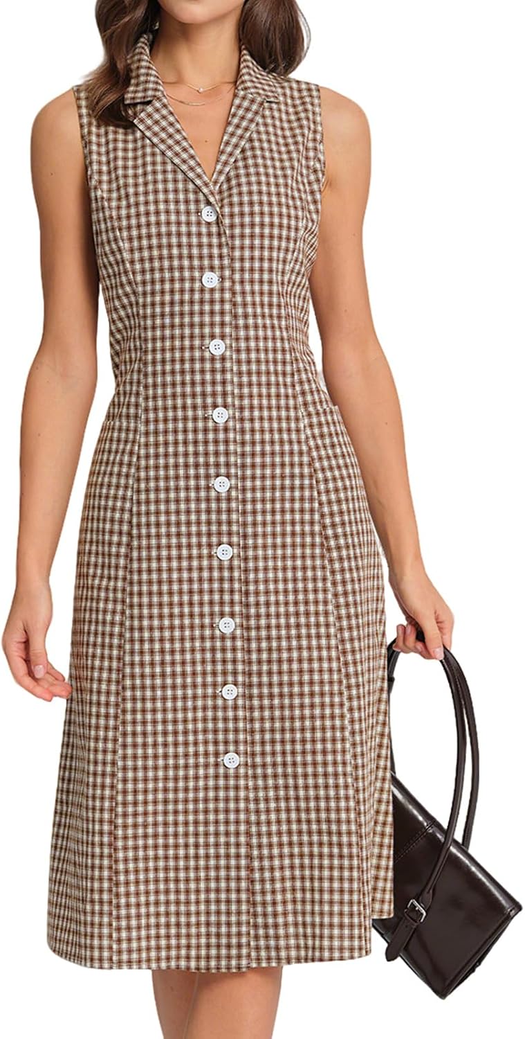 RIHOAS Women's Plaid Dress Sleeveless Button Up Midi A Line Dress Work Casual Premium Dresses