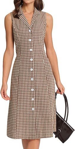 RIHOAS Women's Plaid Dress Sleeveless Button Up Midi A Line Dress Work Casual Pr