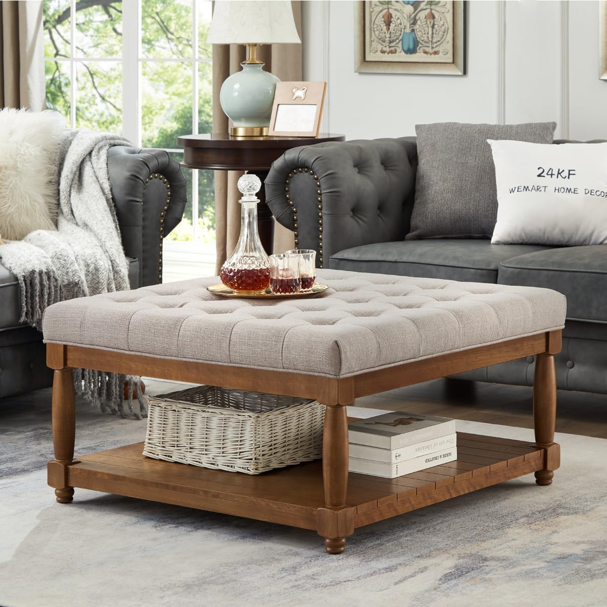 24KF Upholstered Square Coffee Table with Wooden Shelf, Tufted Button Large Square Ottoman with Spindle Wooden Legs, Linen Large Footrest Ottoman Pouf
