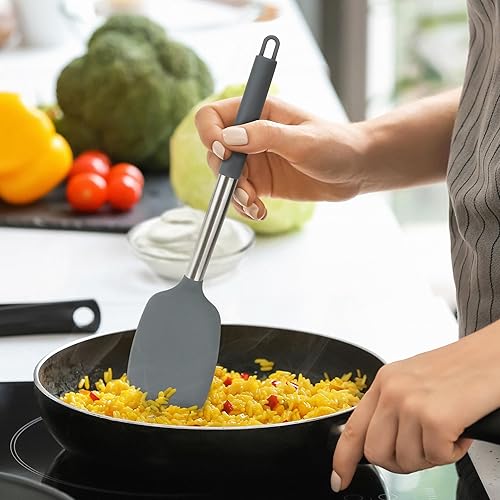 Miniatura 8 de Juego de 4 utensilios de silicona, espátulas sólidas antiadherentes, cucharas ranuradas azules resistentes al calor con mango de acero inoxidable,