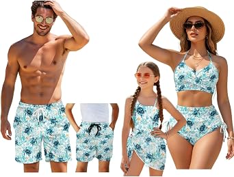 Summer Family Matching Swimwear, Quick Drying Women and Girls Swimsuits, Men and Boys Swim Trunks