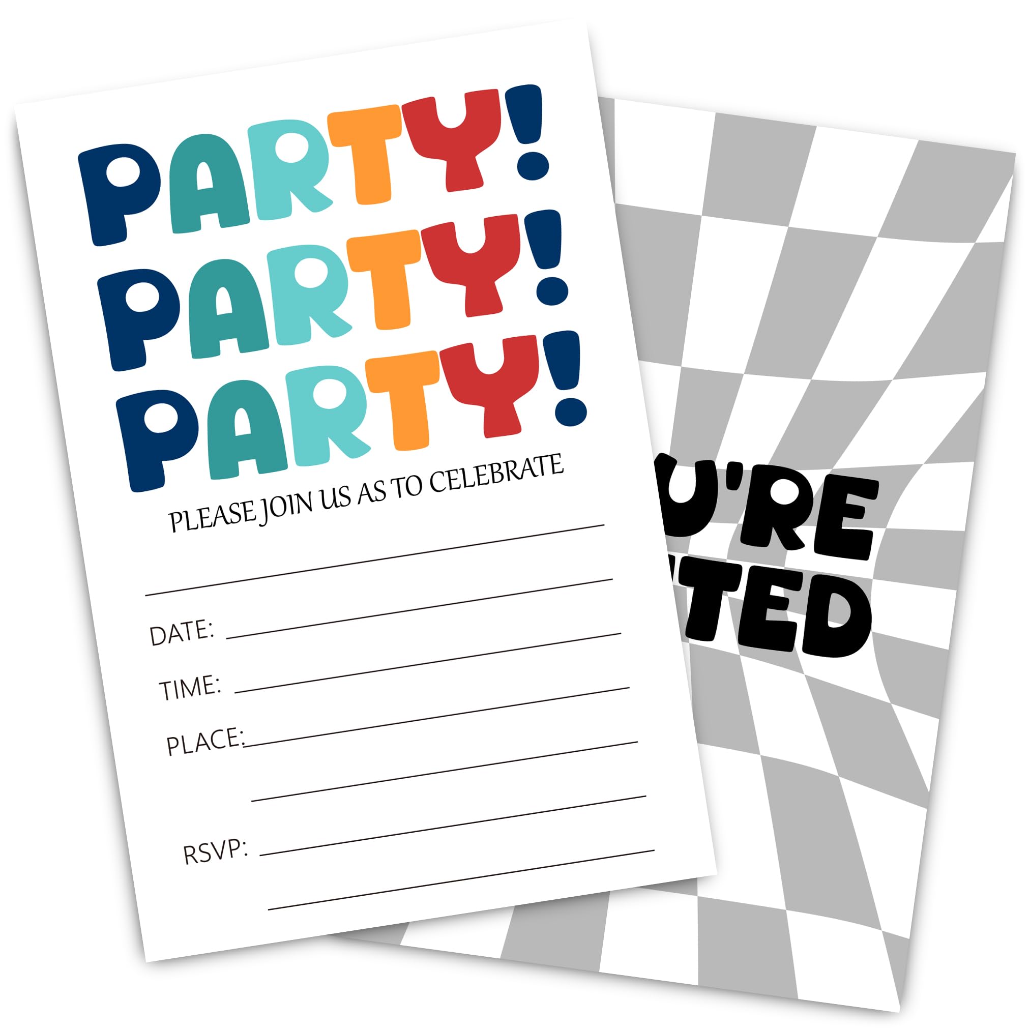 Simple Birthday Party Invitation Cards, Checkered Invite, Black and White Brithday Party Invitations for Boys Girls, Double-Sided Design, 30 Cards