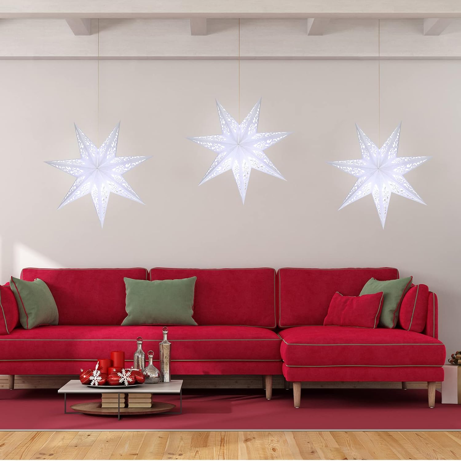 Kingdder 20 in Christmas Paper Star Lanterns Lampshade with White LED Light 7 Pointed Moroccan Hollow out Stars Hanging Party Decoration for Weddings Christmas Tree Birthday