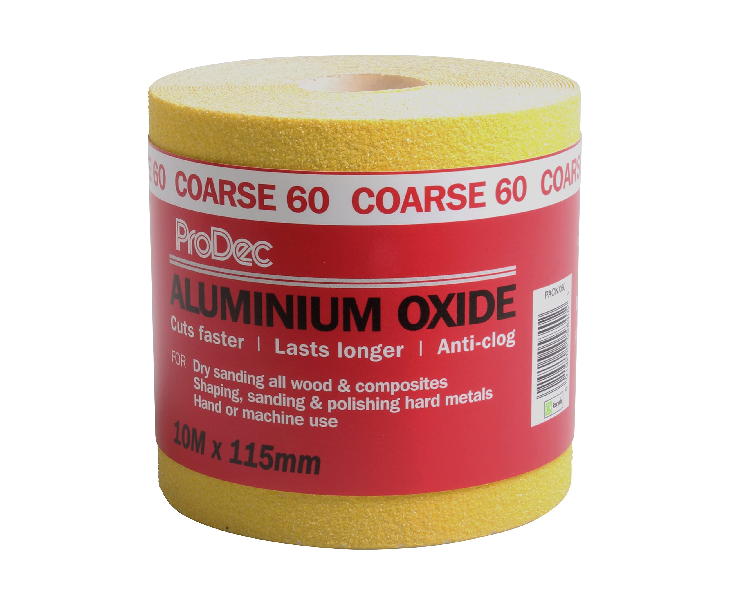 ProDec 10m Roll 60 Grit Coarse Grade Yellow Aluminium Oxide Abrasive Sanding Paper for Sanding Wood, Paint, Plaster, Filler, Metal and More, 115mm Wide Sandpaper Compatible with Machine Sanders
