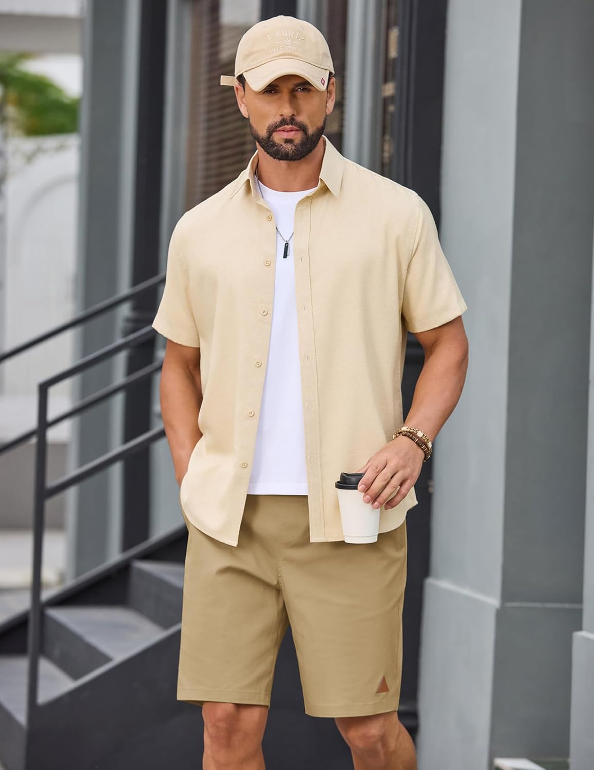 COOFANDY Mens 9" Casual Shorts with Zipper Pocket Elastic Waist Drawstring Chinos Short Summer Lightweight Cotton Shorts - Image 3