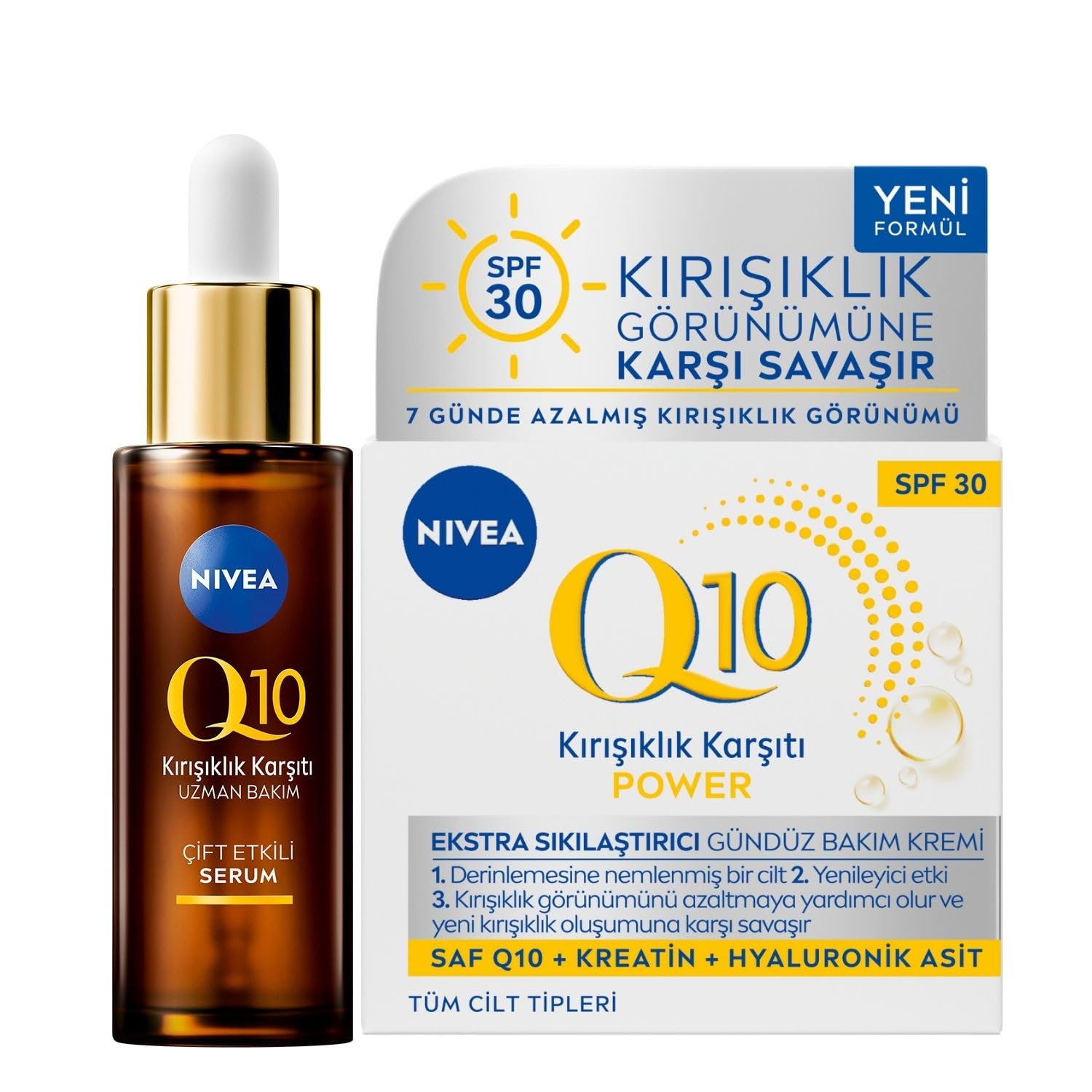 NIVEA Q10 Power Kırışıklık Karşıtı Gündüz Yüz Kremi SPF30 50 ml,Yaşlanma Karşıtı,Sıkılaştırıcı,Nemlendirici,Kreatin,Hyaluronik Asit + NIVEA Q10 Kırışıklık Karşıtı Çift Etkili Cilt Serumu 30 ml