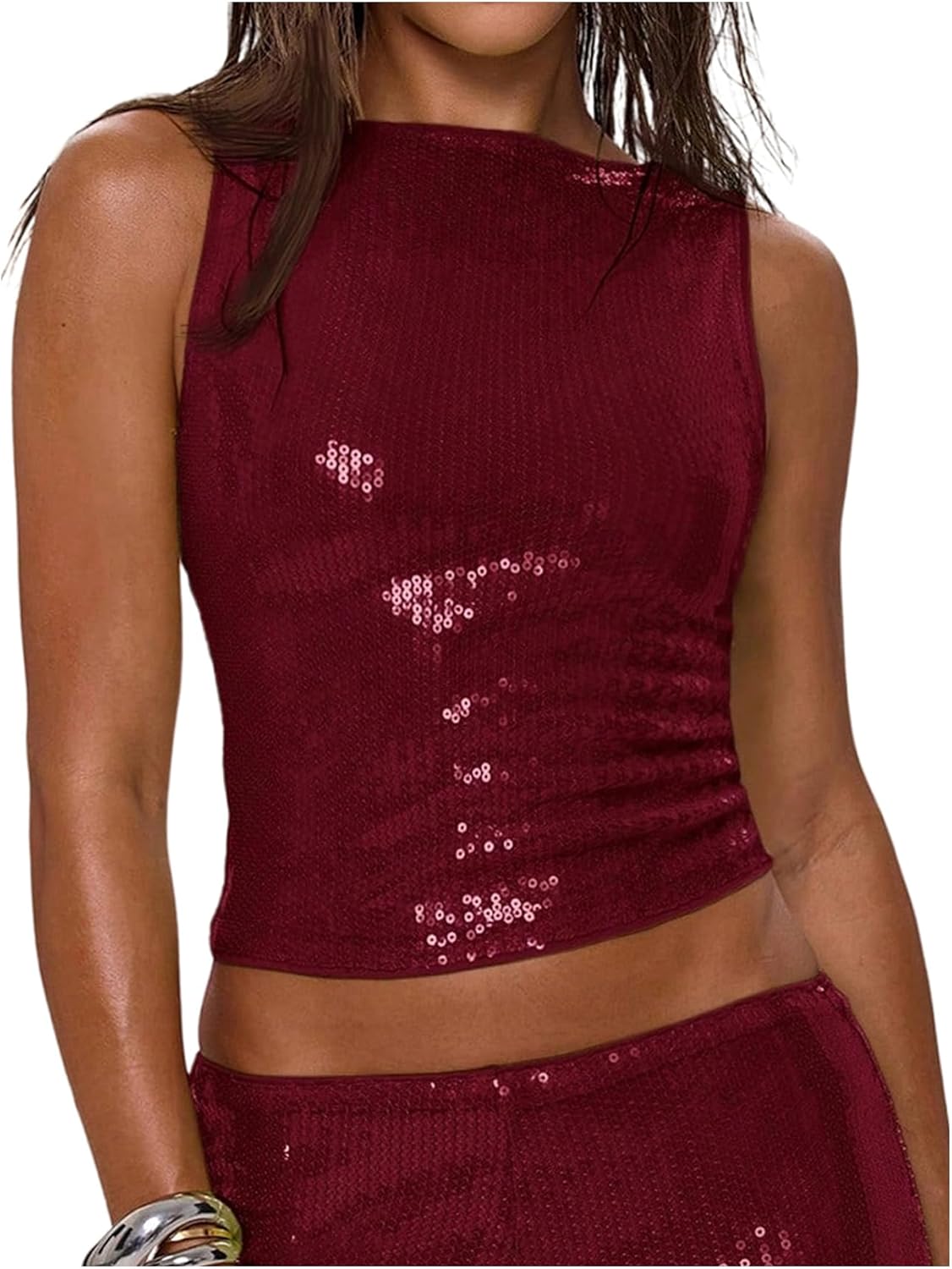 MakeMeChic Women's Sparkly Sequin Tops Y2k Sleeveless Crop Going Out Rave Tops Clubwear