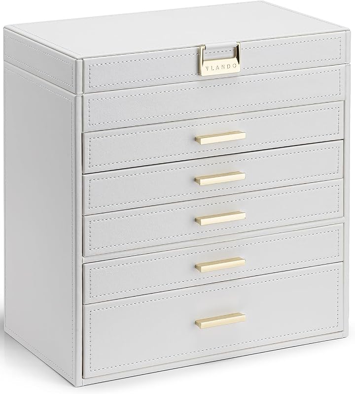 Joyero grande de 6 capas VLANDO - Organizador de porta joyas, organizador de joyeros para pulsera y reloj con collar de cajones, regalo de cumpleaños para los seres queridos - Blanco | Almacenamiento en capas, mango exquisito, divisores ajustables y forro de terciopelo suave para pulsera,anillos,lentes,relojes y collares