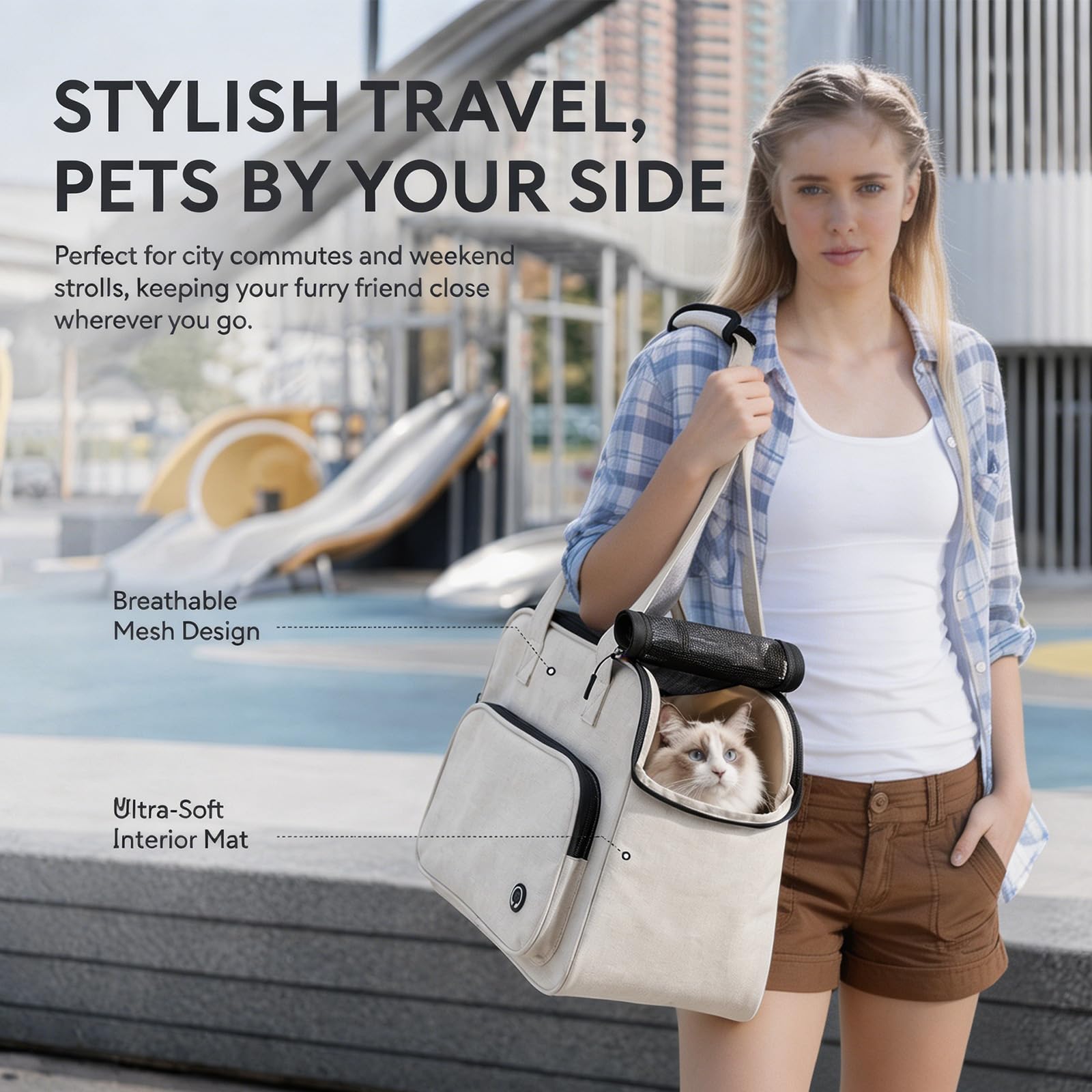 Sac de Transport Petit Chien Chat Tissu Oxford Léger Respirant avec Crochet Sac de Voyage Extérieur Beige
