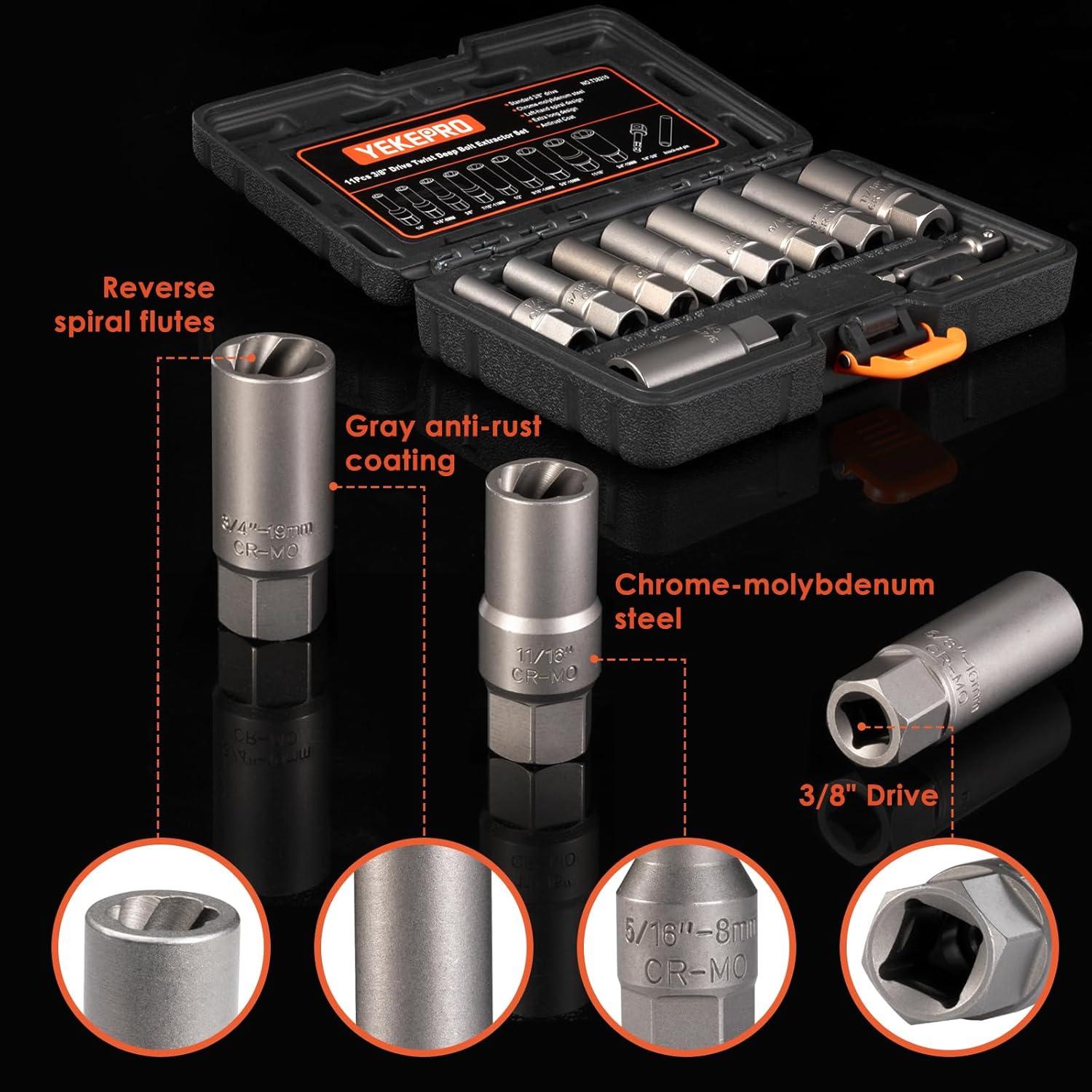Bolt Extractor Set, 11 Pcs 3/8" Drive Spark Plug Extractor Socket, Impact Extraction Socket Set for Removing Broken, Damaged, Frozen, Rusted, Or Rounded-Off Bolts, Nuts, Screws, Studs, T38210